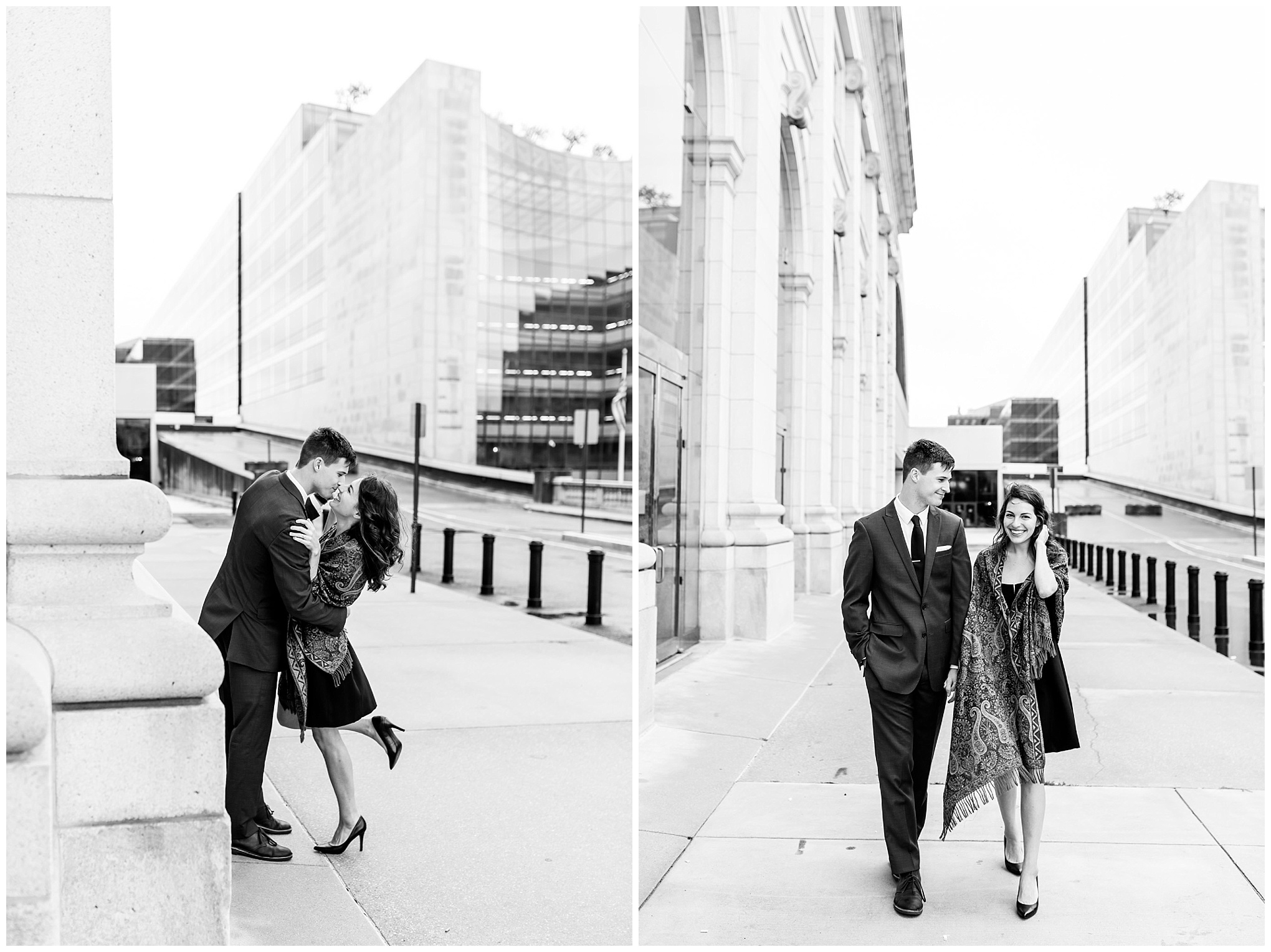 black and white engagement photos, black and white photography, black and white photos, engagement photos, black and white D.C., D.C. engagement photos, classic engagement photos, traditional engagement photos, engagement photos poses, classic architecture, D.C. architecture, Union Station D.C., Union Station, engaged couple, relationship goals, joyful couple, black and white sessions, couple walking together, about to kiss, paisley shawl