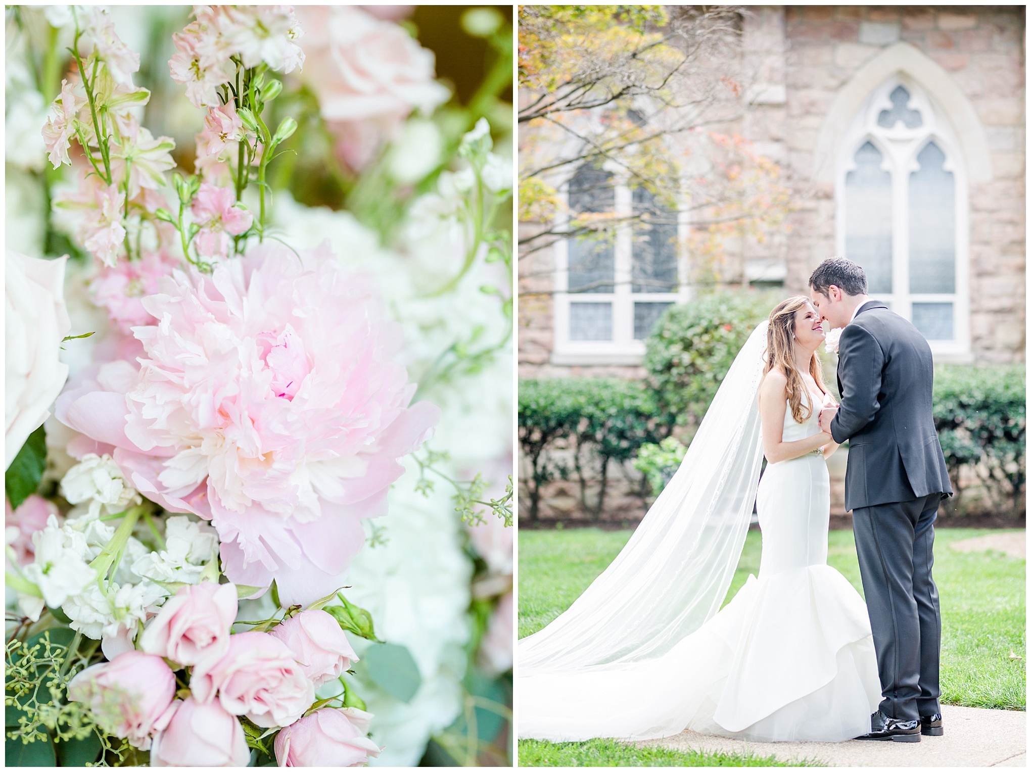 Washington D.C. wedding photography, D.C. wedding photographer, peonies, peony bridal bouquet, bride and groom kissing, pink and white aesthetic