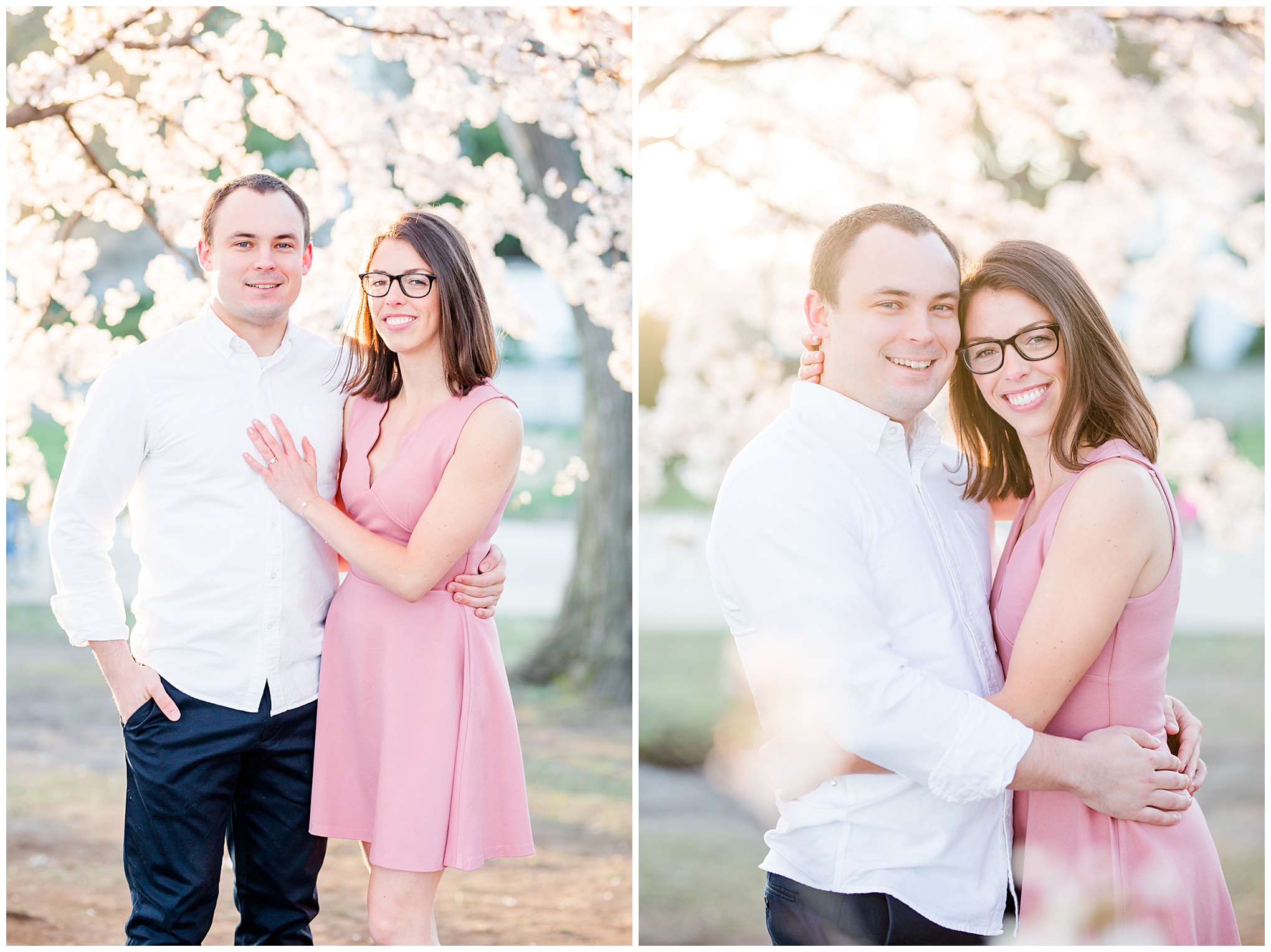 sunny cherry blossoms engagement session, Washington, D.C. engagement photos, Washington D.C. engagement photos, sunrrise engagement photos, cherry blossom engagement photos, D.C. cherry bloossoms, D.C. cherry blossoms photos, cherry blossom photos, cherry blossoms portrraits, sunny engagement photos, classic engagement photos, Rachel E.H. Photography, engagement session style, flowering trees