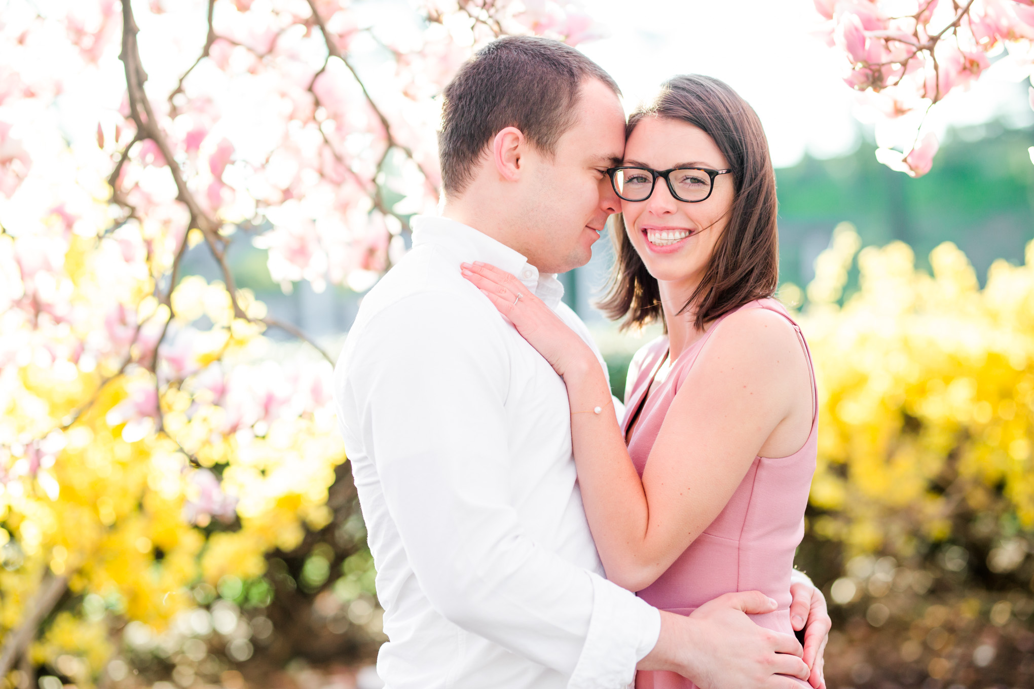 sunny cherry blossoms engagement session, Washington, D.C. engagement photos, Washington D.C. engagement photos, sunrrise engagement photos, cherry blossom engagement photos, D.C. cherry bloossoms, D.C. cherry blossoms photos, cherry blossom photos, cherry blossoms portrraits, sunny engagement photos, classic engagement photos, Rachel E.H. Photography, engagement session style, forsythia