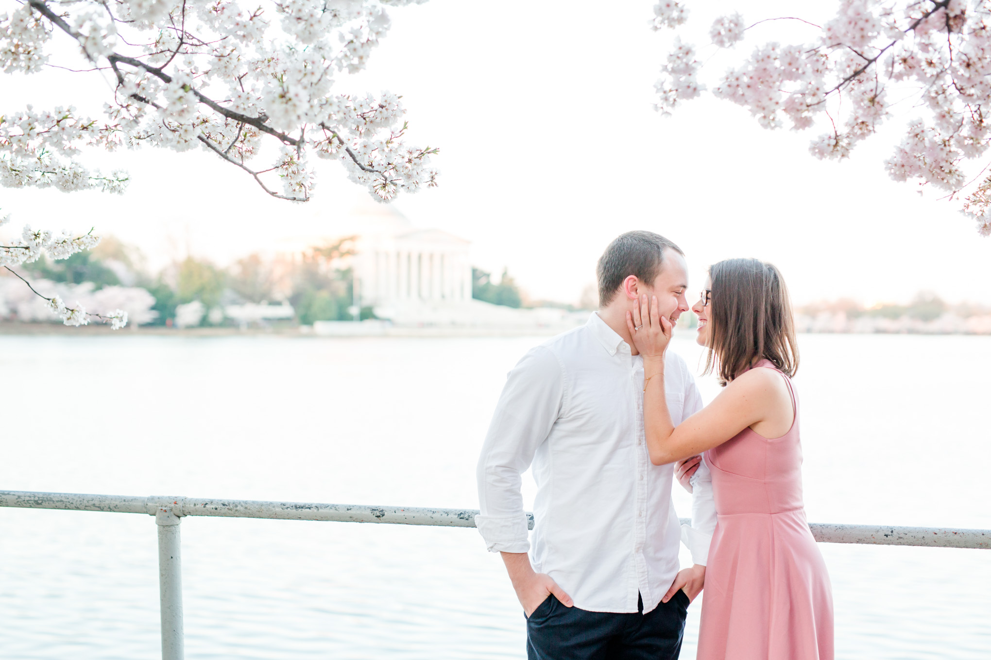 sunny cherry blossoms engagement session, Washington, D.C. engagement photos, Washington D.C. engagement photos, sunrrise engagement photos, cherry blossom engagement photos, D.C. cherry bloossoms, D.C. cherry blossoms photos, cherry blossom photos, cherry blossoms portrraits, sunny engagement photos, classic engagement photos, Rachel E.H. Photography, engagement session style, Jefferson Memorial