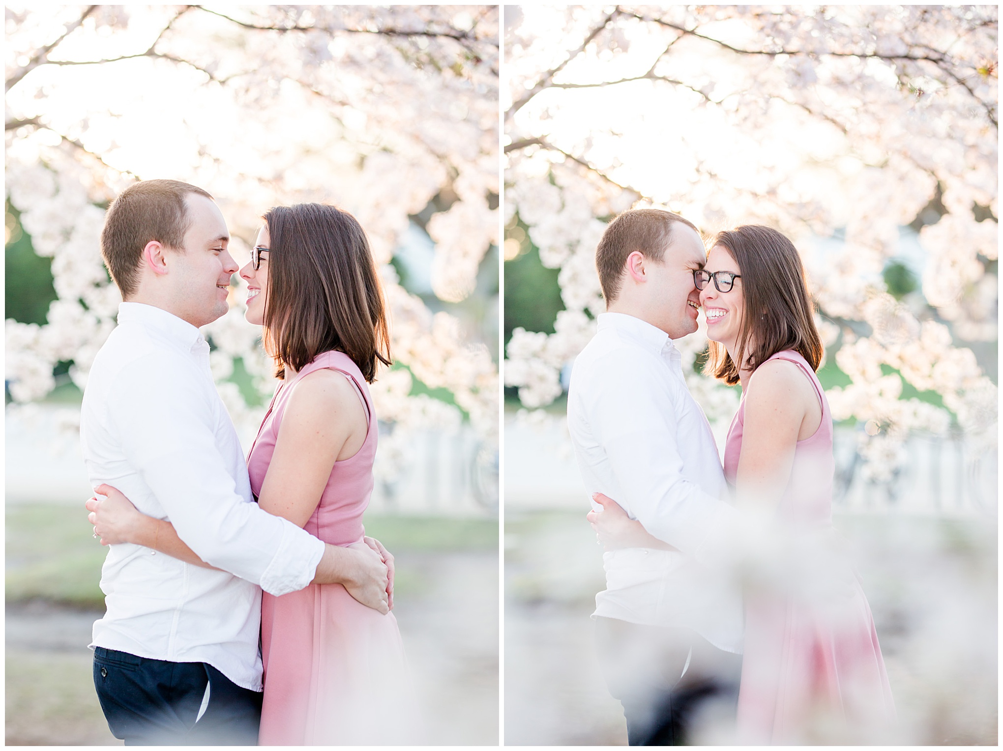sunny cherry blossoms engagement session, Washington, D.C. engagement photos, Washington D.C. engagement photos, sunrrise engagement photos, cherry blossom engagement photos, D.C. cherry bloossoms, D.C. cherry blossoms photos, cherry blossom photos, cherry blossoms portrraits, sunny engagement photos, classic engagement photos, Rachel E.H. Photography, engagement session style, couple laughing