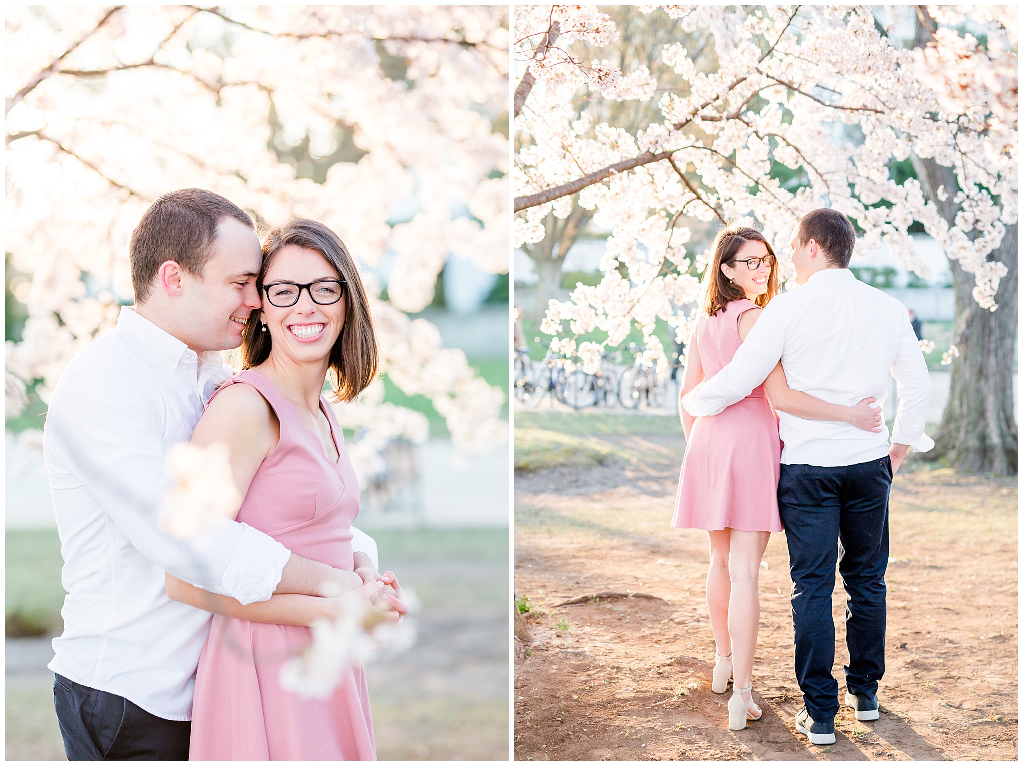 sunny cherry blossoms engagement session, Washington, D.C. engagement photos, Washington D.C. engagement photos, sunrrise engagement photos, cherry blossom engagement photos, D.C. cherry bloossoms, D.C. cherry blossoms photos, cherry blossom photos, cherry blossoms portrraits, sunny engagement photos, classic engagement photos, Rachel E.H. Photography, engagement session style, couple walking