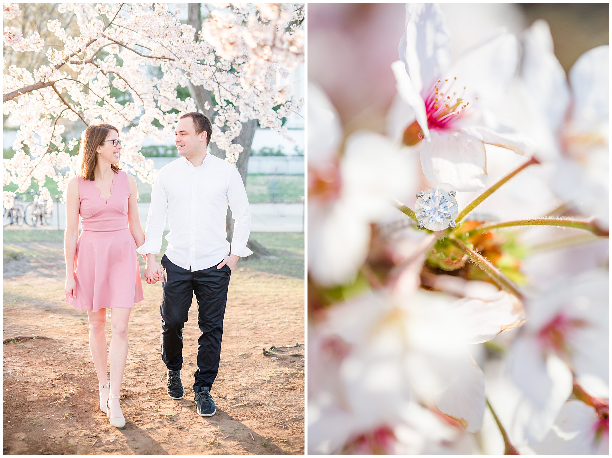 sunny cherry blossoms engagement session, Washington, D.C. engagement photos, Washington D.C. engagement photos, sunrrise engagement photos, cherry blossom engagement photos, D.C. cherry bloossoms, D.C. cherry blossoms photos, cherry blossom photos, cherry blossoms portrraits, sunny engagement photos, classic engagement photos, Rachel E.H. Photography, engagement session style, couple walking, brilliant cut engagement ring