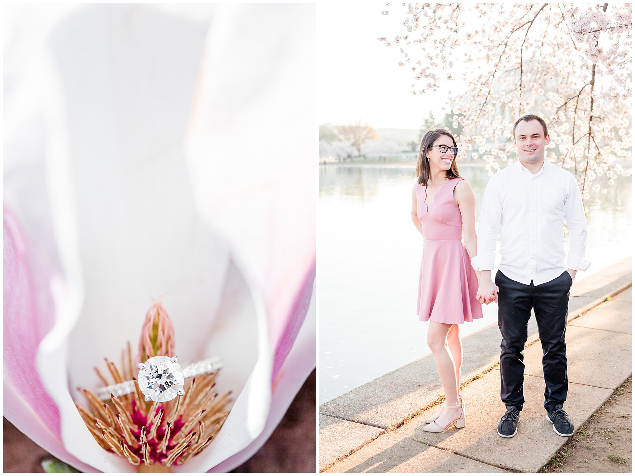 sunny cherry blossoms engagement session, Washington, D.C. engagement photos, Washington D.C. engagement photos, sunrrise engagement photos, cherry blossom engagement photos, D.C. cherry bloossoms, D.C. cherry blossoms photos, cherry blossom photos, cherry blossoms portrraits, sunny engagement photos, classic engagement photos, Rachel E.H. Photography, engagement session style, magnolia blossom, brilliant cut engagement ring