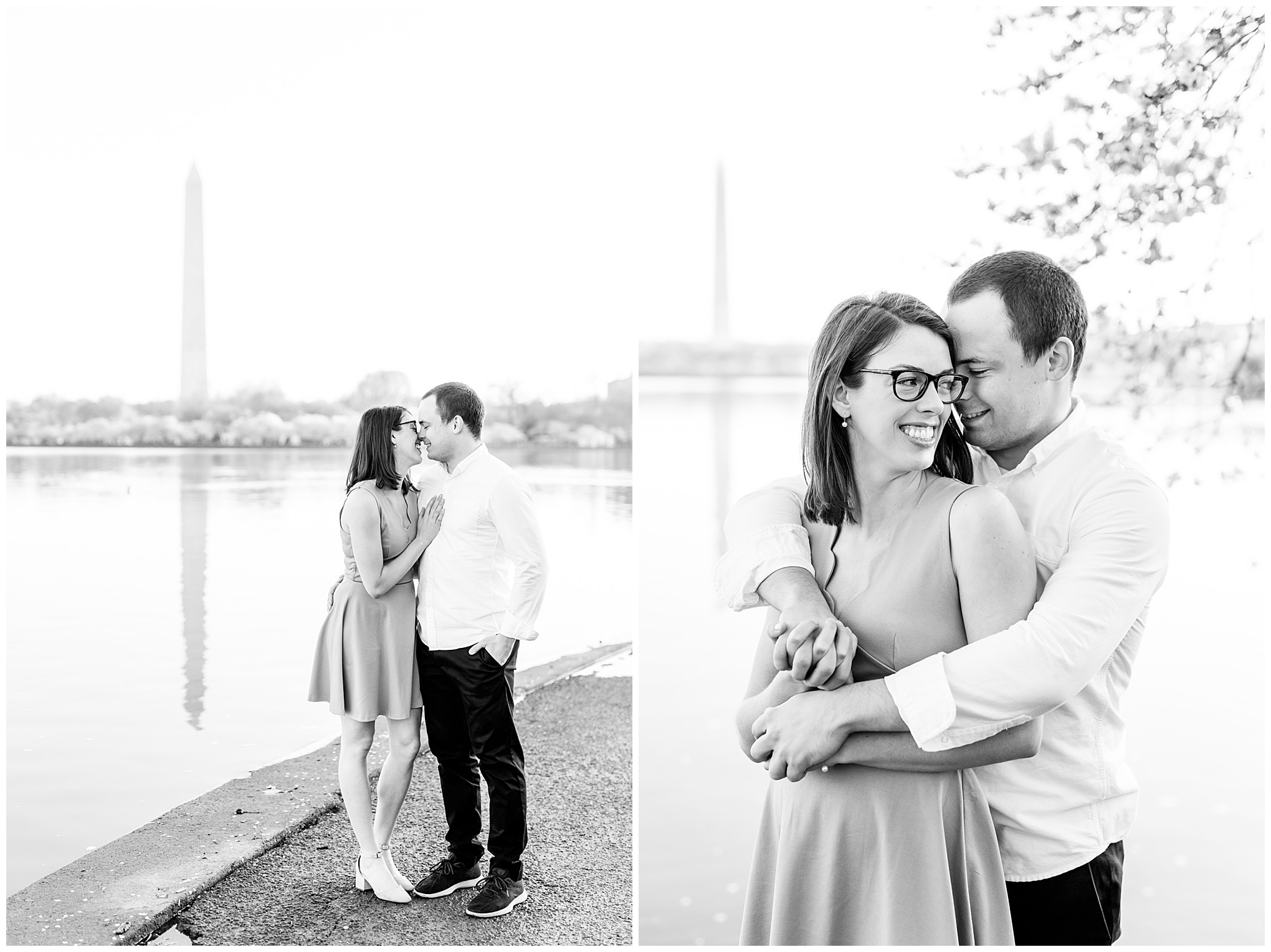 sunny cherry blossoms engagement session, Washington, D.C. engagement photos, Washington D.C. engagement photos, sunrrise engagement photos, cherry blossom engagement photos, D.C. cherry bloossoms, D.C. cherry blossoms photos, cherry blossom photos, cherry blossoms portrraits, sunny engagement photos, classic engagement photos, Rachel E.H. Photography, engagement session style, black and white engagement photos