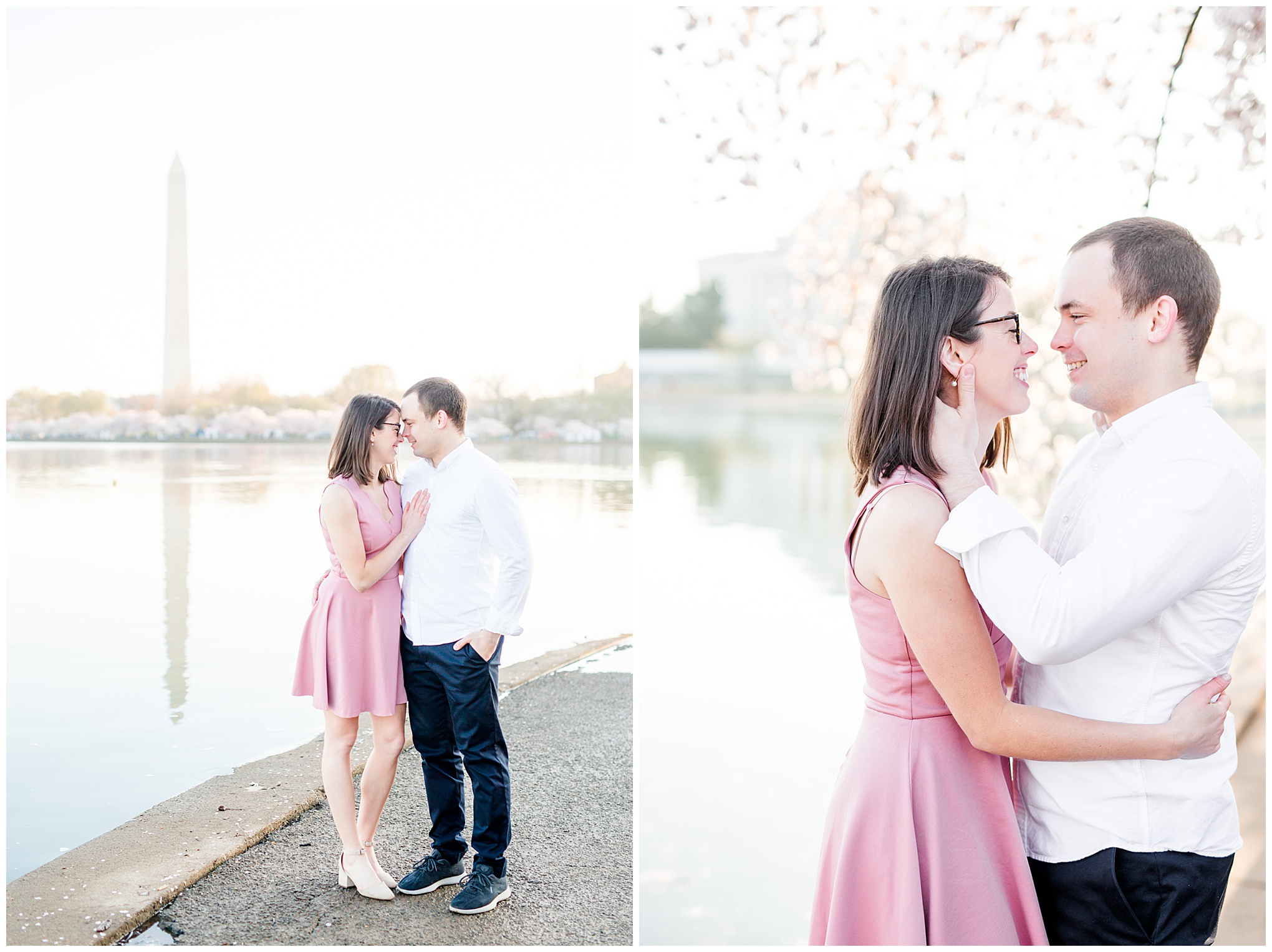 sunny cherry blossoms engagement session, Washington, D.C. engagement photos, Washington D.C. engagement photos, sunrrise engagement photos, cherry blossom engagement photos, D.C. cherry bloossoms, D.C. cherry blossoms photos, cherry blossom photos, cherry blossoms portrraits, sunny engagement photos, classic engagement photos, Rachel E.H. Photography, engagement session style, Washington Monument, Jefferson Memorial