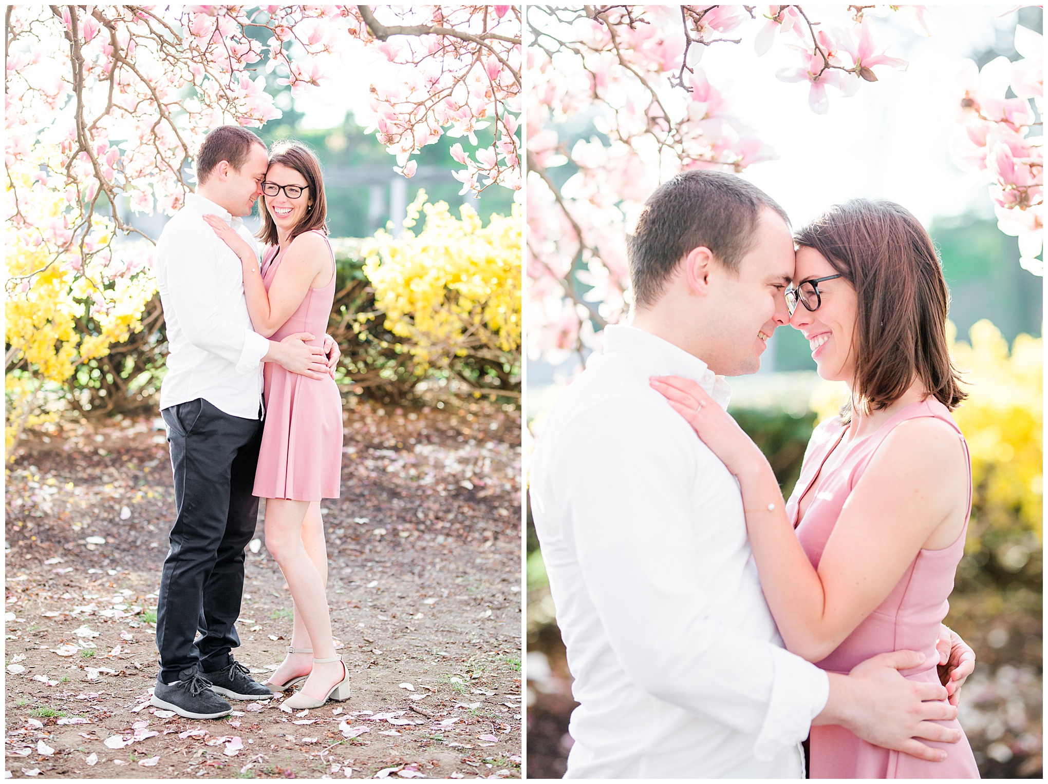 sunny cherry blossoms engagement session, Washington, D.C. engagement photos, Washington D.C. engagement photos, sunrrise engagement photos, cherry blossom engagement photos, D.C. cherry bloossoms, D.C. cherry blossoms photos, cherry blossom photos, cherry blossoms portrraits, sunny engagement photos, classic engagement photos, Rachel E.H. Photography, engagement session style, magnolia trees