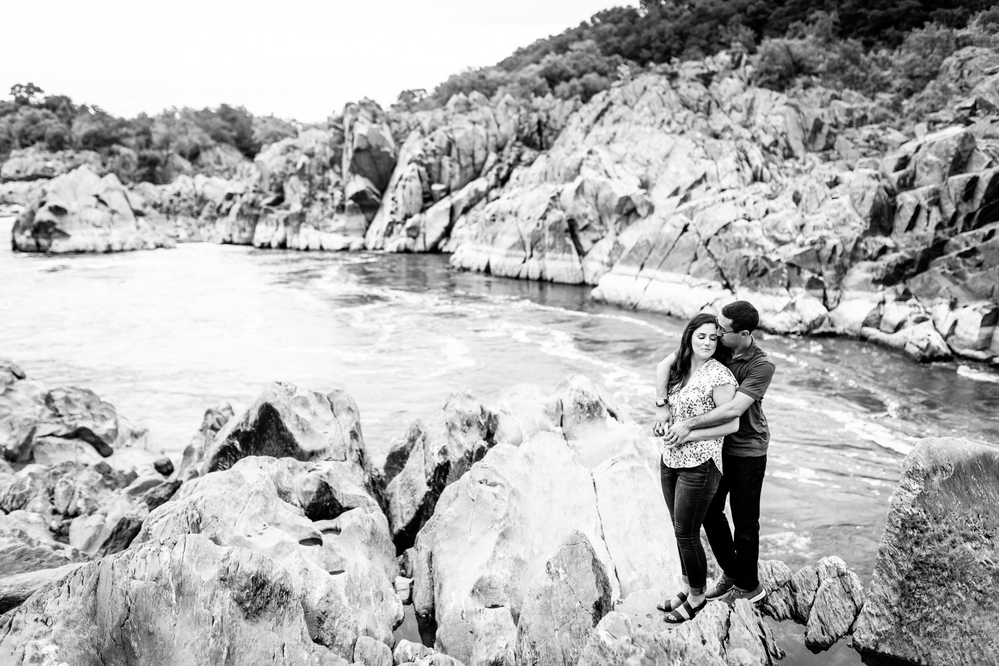 Great Falls Park engagement photos, Great Falls Park, Great Falls Virginia, national park, Great Falls, Great Falls engagement photos, Virginia engagement photos, Virginia engagement photographer, Rachel E.H. Photography, engaged couple, engagement session style, outdoorsy engagement photos, hiking engagement photos, couple standing on rocks, epic portrait