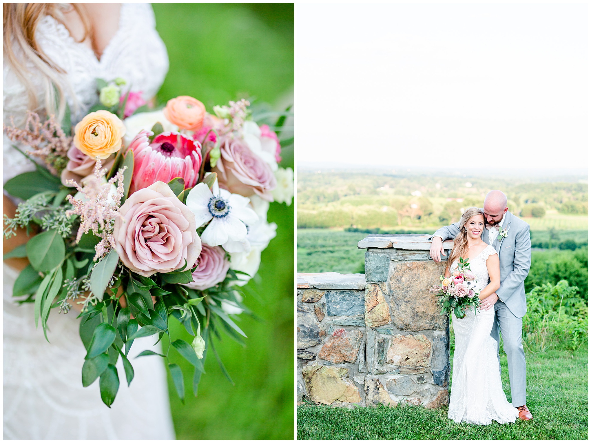 romantic Bluemont Vineyard wedding, Bluemont Vineyard, romantic wedding colors, Loudoun County wedding, Loudoun County wedding photographer, Loudoun County wedding venues, non-denominational wedding ceremony, Rachel E.H. Photography, Virginia wedding, rural wedding, rustic wedding, romantic wedding, romantic aesthetic, outdoor wedding, portraits with a view, newlywed portraits, Bend in the River Farms bridal bouquet
