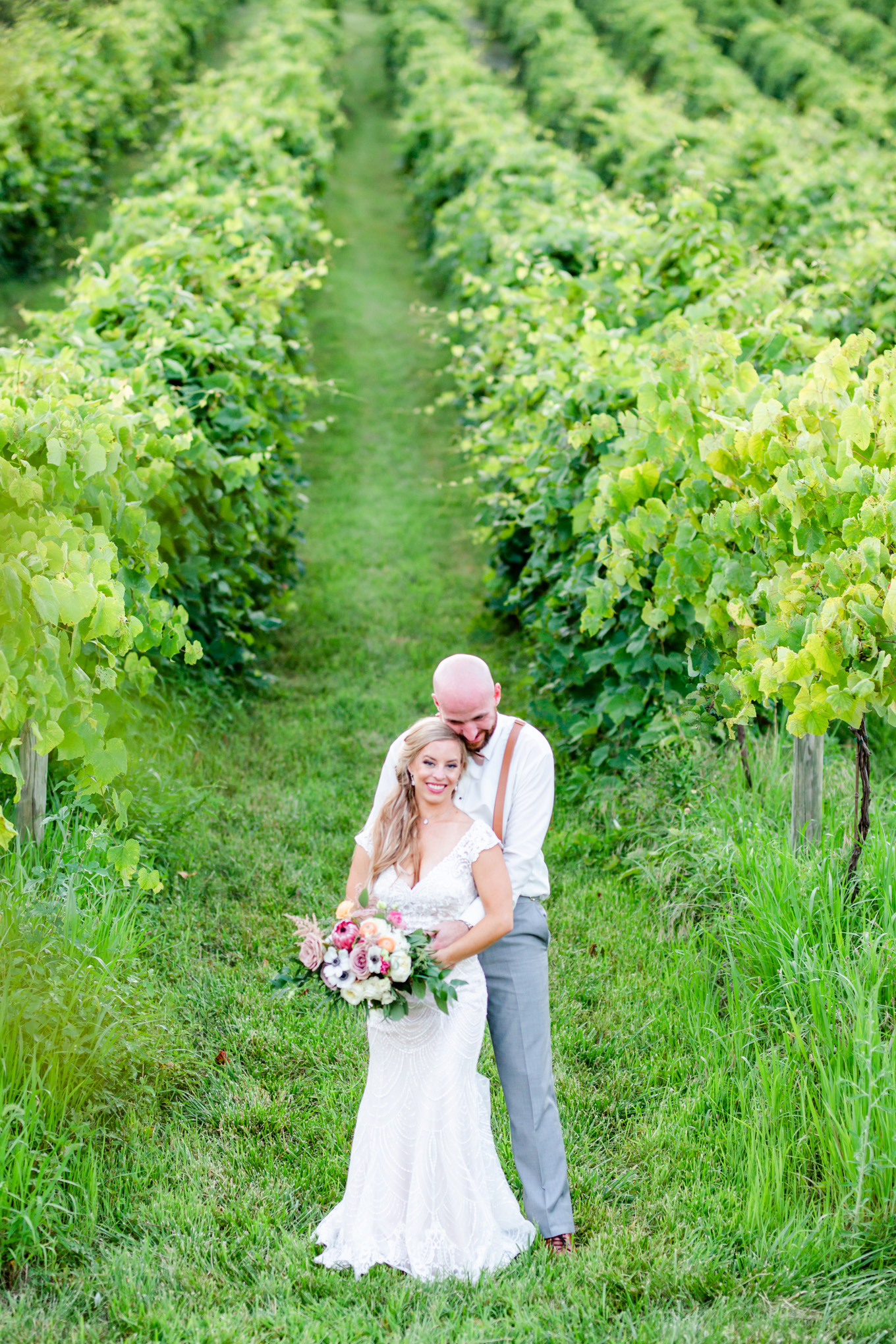 romantic Bluemont Vineyard wedding, Bluemont Vineyard, romantic wedding colors, Loudoun County wedding, Loudoun County wedding photographer, Loudoun County wedding venues, non-denominational wedding ceremony, Rachel E.H. Photography, Virginia wedding, rural wedding, rustic wedding, romantic wedding, romantic aesthetic, outdoor wedding, portraits with a view, newlywed portraits, Eddy K wedding dress, Bend in the River Farms bridal bouquet