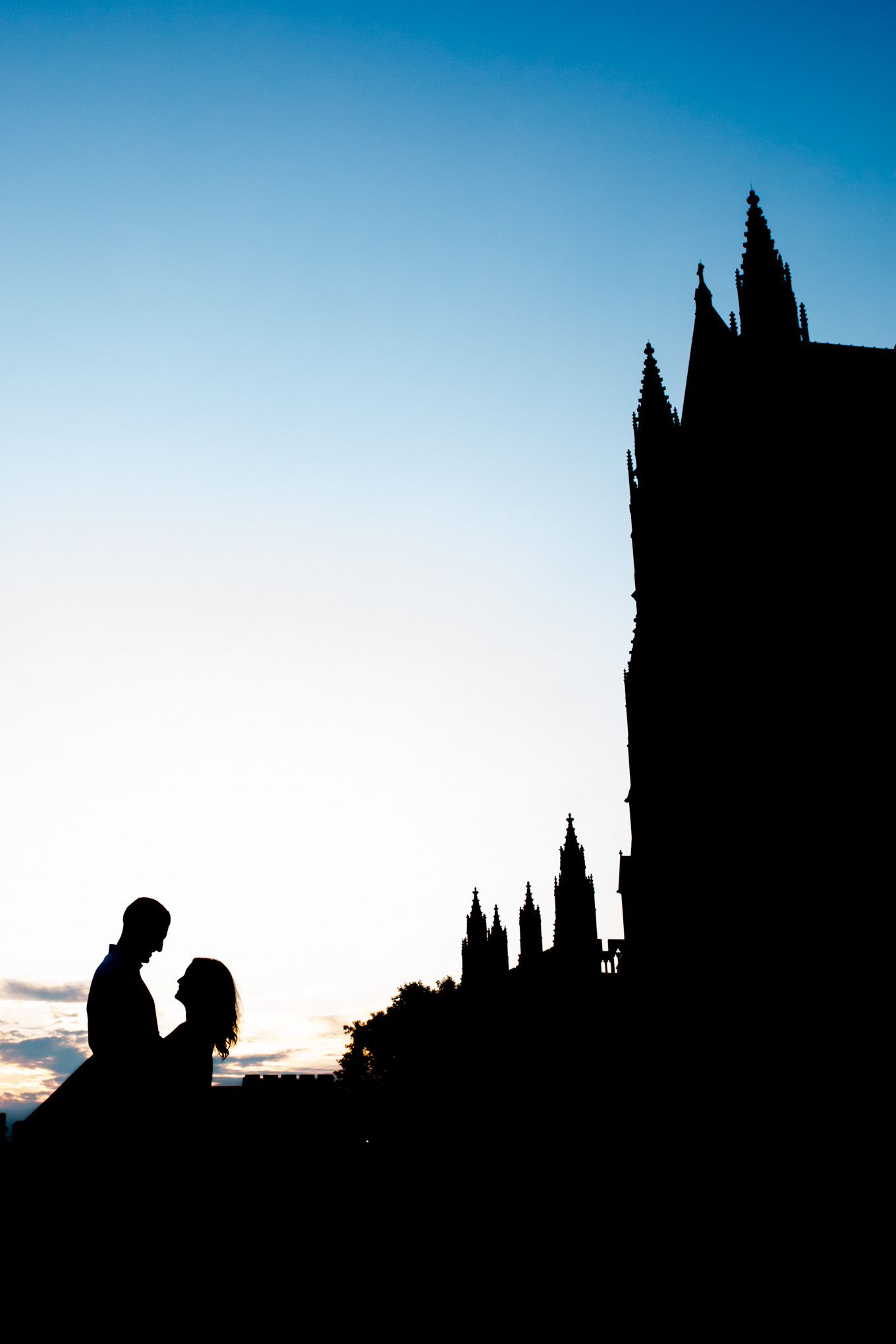 National Cathedral engagement photos, National Cathedral, D.C. engagement photos, classic engagement portraits, Washington National Cathedral, natural light engagement photos, D.C. engagement photographer, Rachel E.H. Photography, sunrise engagement photos, silhouette