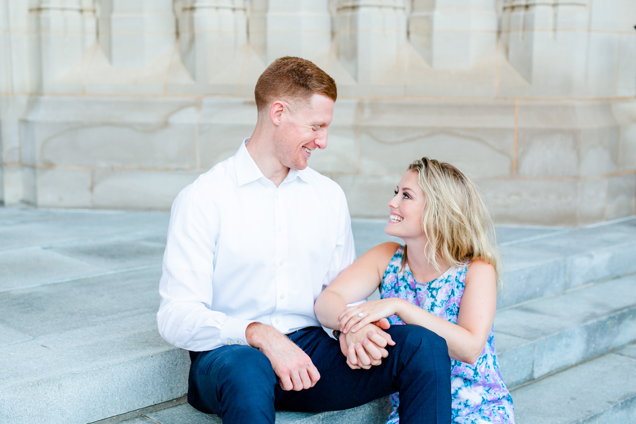 National Cathedral engagement photos, National Cathedral, D.C. engagement photos, classic engagement portraits, Washington National Cathedral, natural light engagement photos, D.C. engagement photographer, Rachel E.H. Photography, sunrise engagement photos, couple sitting on stairs