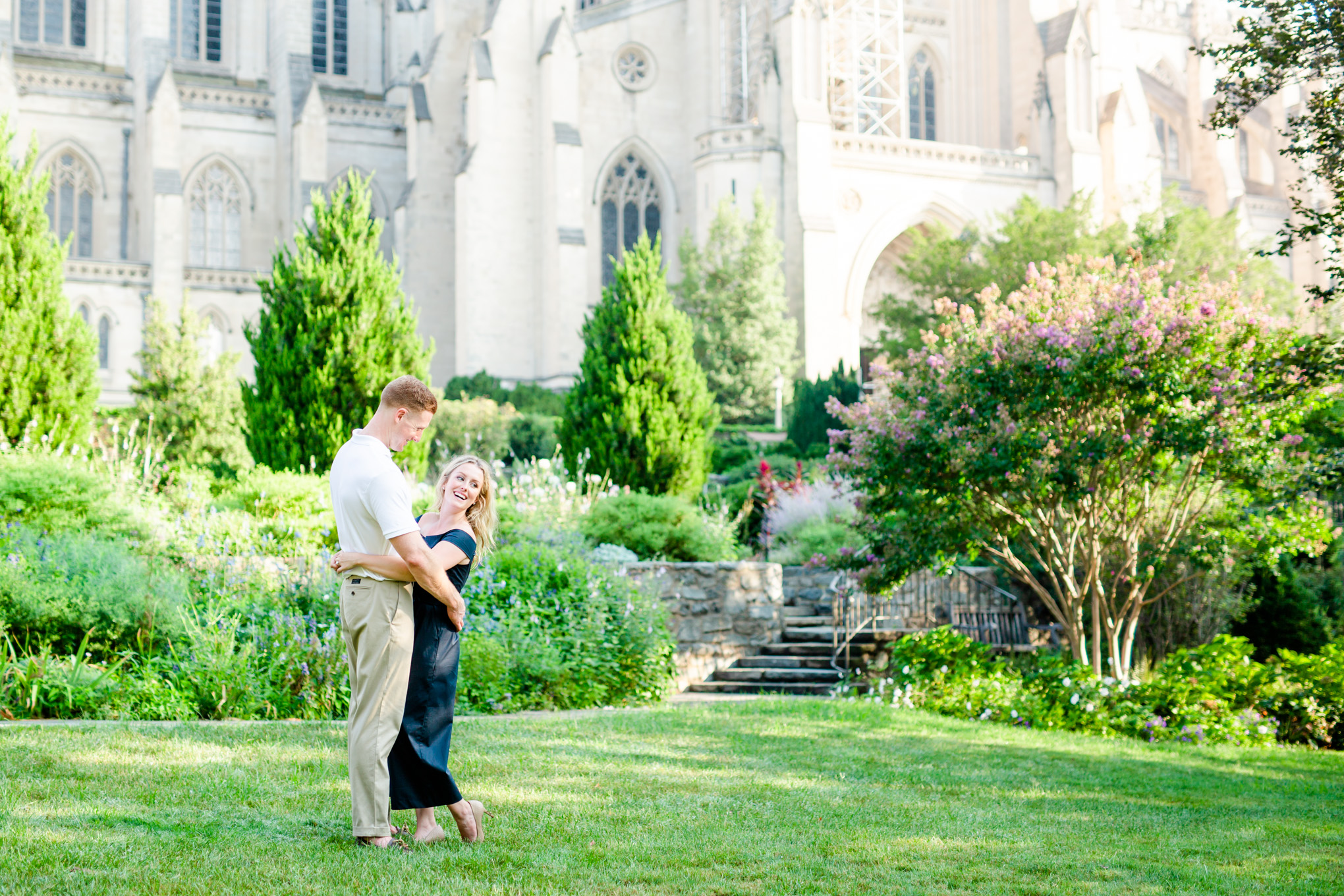 National Cathedral engagement photos, National Cathedral, D.C. engagement photos, classic engagement portraits, Washington National Cathedral, natural light engagement photos, D.C. engagement photographer, Rachel E.H. Photography, sunrise engagement photos, couple laughing in garden
