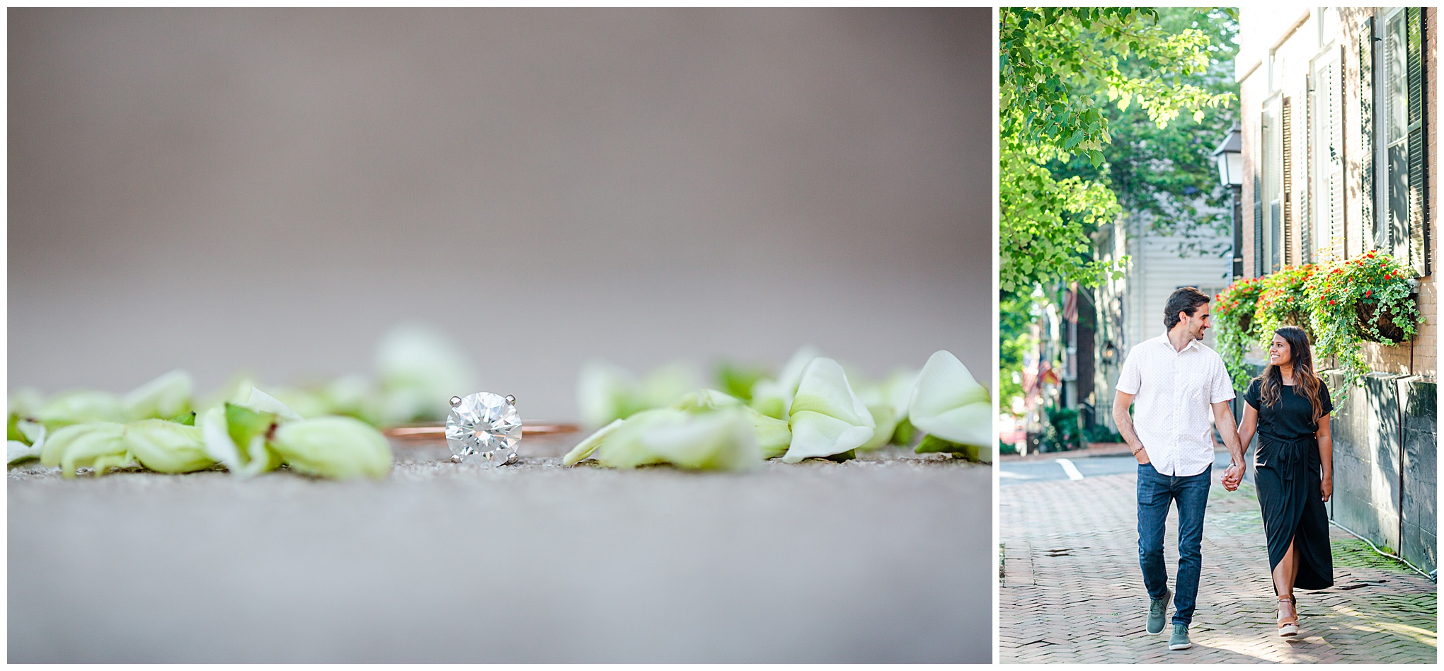 Old Town Alexandria engagement photos, Alexandria engagement photos, Old Town Alexandria photos, Old Town Alexandria, Alexandria engagement photos, Alexandria Virginia, classic engagement photos, historic town engagement photos, engagement photos, Rachel E.H. Photography, rose gold and diamond engagement ring, couple walking