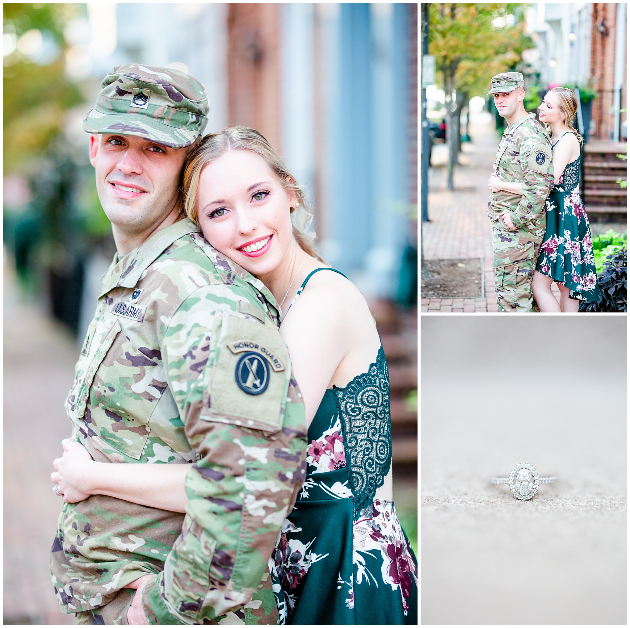 sunrise Old Town Alexandria engagement photos, Alexandria Virginia photographer, D.C. engagement photographer, D.C. wedding photographer, D.C. wedding photography, Old Town Alexandria, Alexandria engagement photos, natural light engagement photos, engagement photos ideas, summer engagement photos, engagement session outfits, classic engagement photos, green floral print dress, oval diamond engagement ring