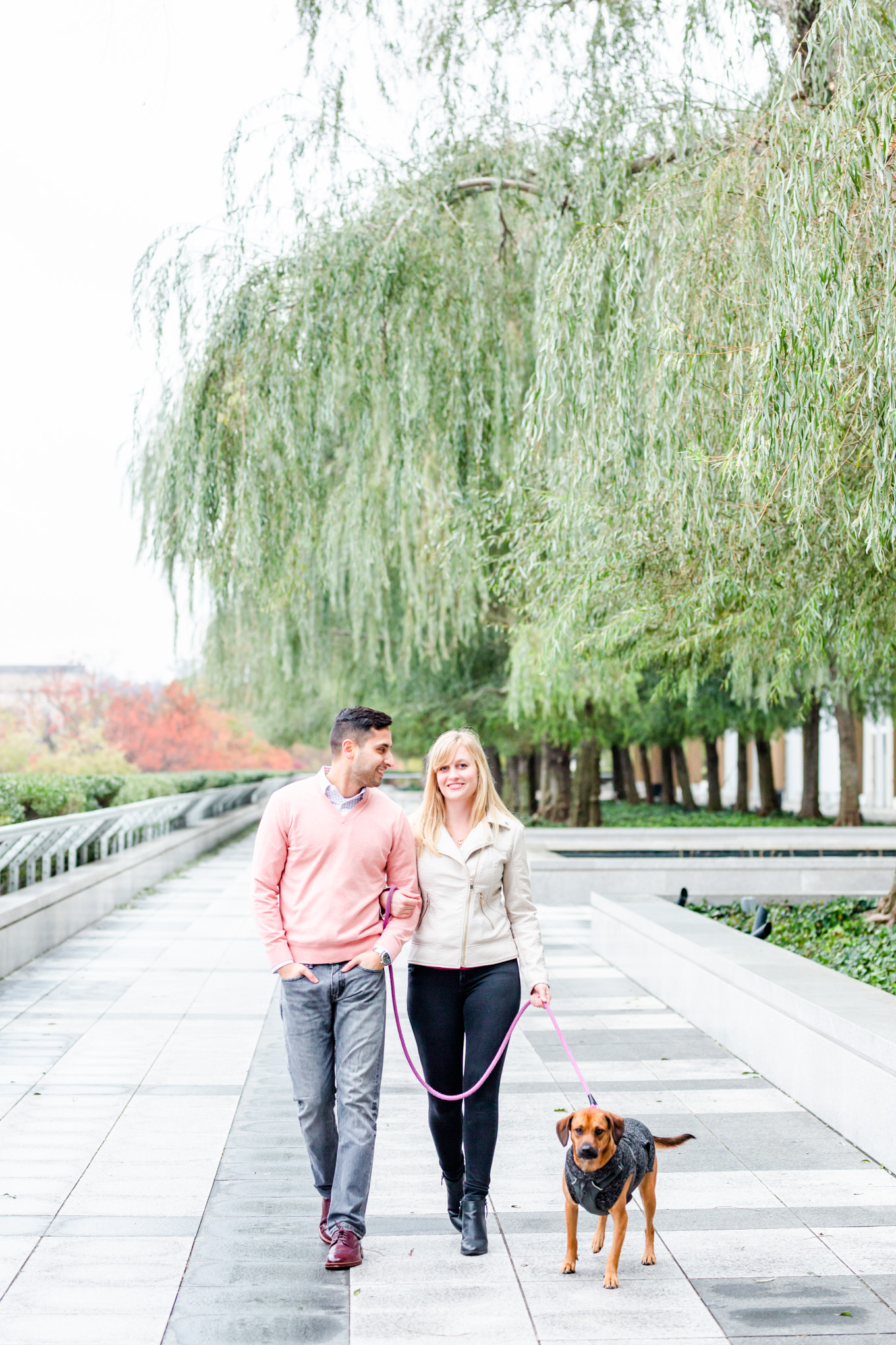 autumn Kennedy Center engagement photos, Kennedy Center portraits, Kennedy Center D.C., D.C. engagement photos, cloudy day portraits, D.C. engagement photographer, D.C. wedding photographer, D.C. wedding photography, D.C. engagement photography, classic engagement photos, Rachel E.H. Photography, autumn engagement photos, couple walking with dog, willow trees