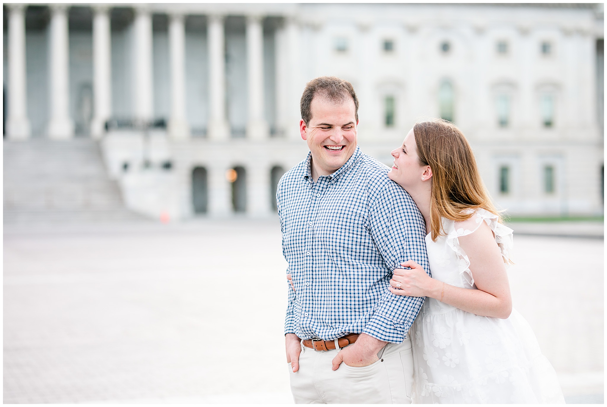 U.S. Capitol engagement photos, Capitol Hill engagement photos, D.C. engagement photos, Rachel E.H. Photography, garden engagement photos, U.S. Supreme Court gardens, rose garden engagement photos, pink rose bushes, spring engagement photos, neutral outfits, engagement session outfit ideas, Capitol dome, couple laughing