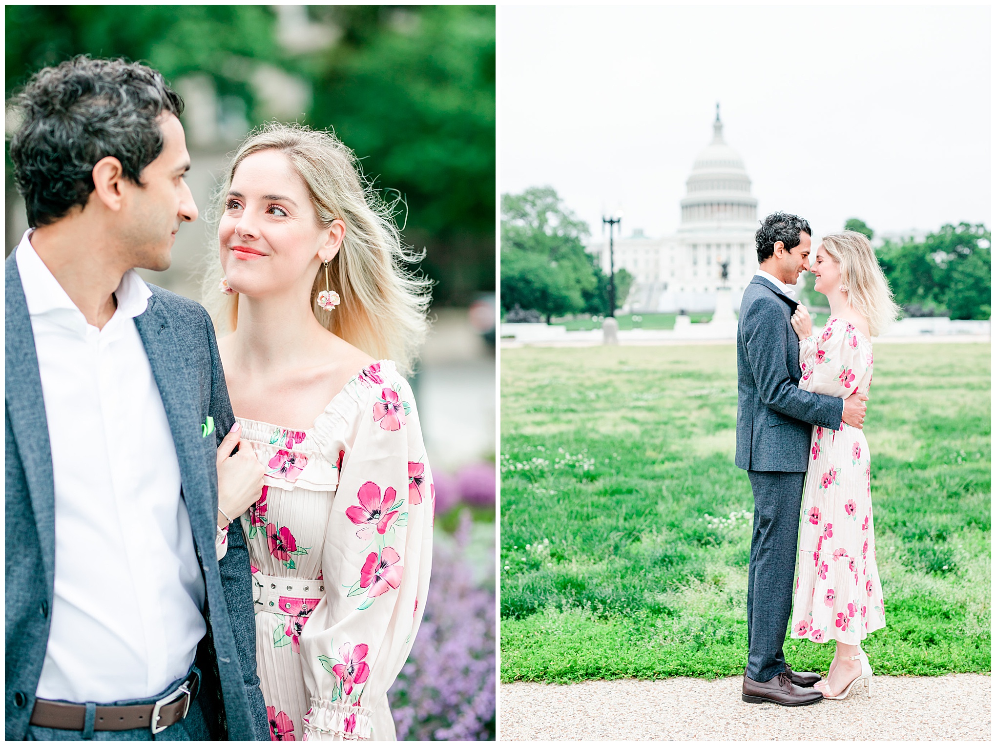 spring Capitol Hill engagement photos, Capitol Hill DC, DC Capitol Hill, DC engagement photos, DC engagement photographer, Capitol Hill photographer, Capitol Hill engagement photographer, Virginia engagement photographer, Rachel E.H. Photography, romantic portraits, spring portraits, spring engagement photos, National Mall engagement photos, floral print dress, engagement photos outfits, statement earrings, romantic couple
