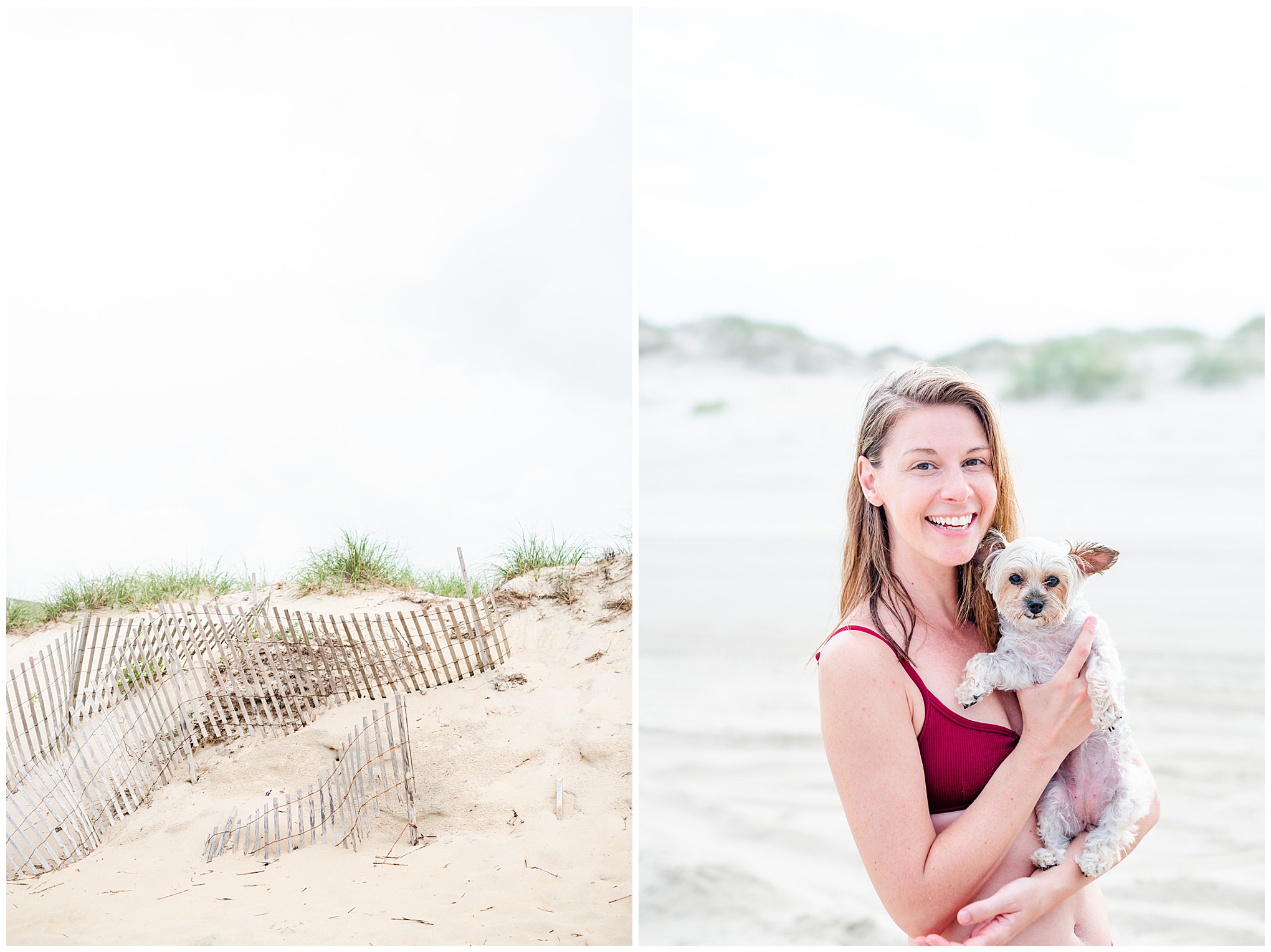 Corolla NC photographer, Outer Banks photographer, beach photography, beach photographer, NC photographer, Corolla wild horse beach, Rachel E.H. Photography, yorkipoo, brunette woman with dog, beach dunes
