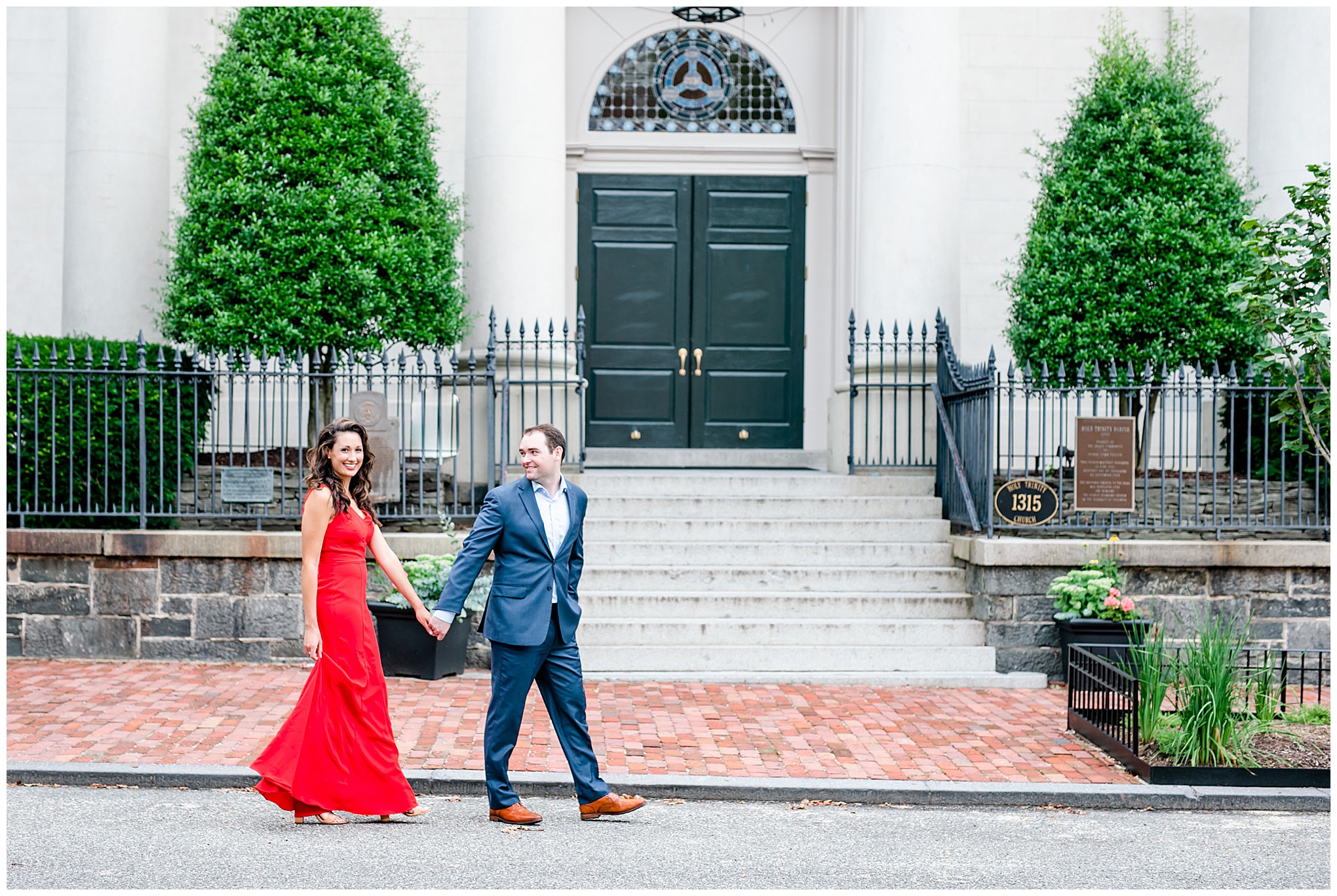 summer Georgetown engagement photos, DC engagement photos, classic engagement photos, summer engagement photos, summer engagement photo outfits, classic engagement photo outfits, Rachel E.H. Photography, DC wedding photographer, DC engagement photographer, DC proposal photographer, DC photographer, couple walking, red gown