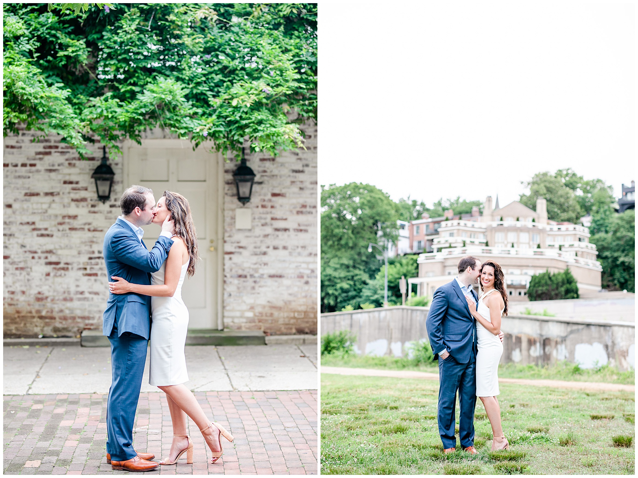 summer Georgetown engagement photos, DC engagement photos, classic engagement photos, summer engagement photos, summer engagement photo outfits, classic engagement photo outfits, Rachel E.H. Photography, DC wedding photographer, DC engagement photographer, DC proposal photographer, DC photographer, couple kissing
