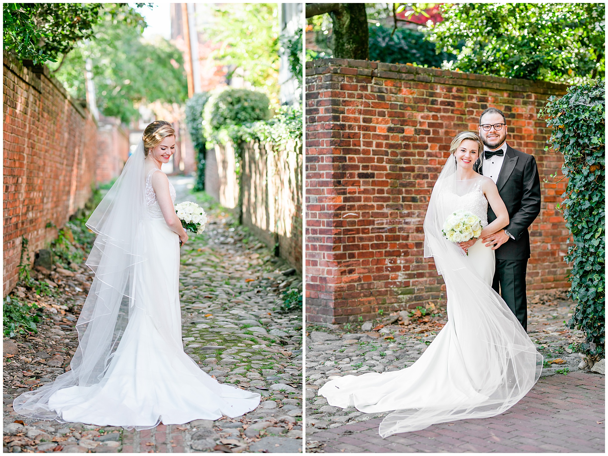 autumn Old Town Alexandria wedding, Old Town photographer, Alexandria wedding photographer, Northern Virginia wedding photographer, DC wedding photographer, Rachel E.H. Photography, autumn wedding, early autumn wedding, warm weather wedding, white aesthetic, classic wedding aesthetic, classic bride and groom, magic hour portraits, bridal portrait