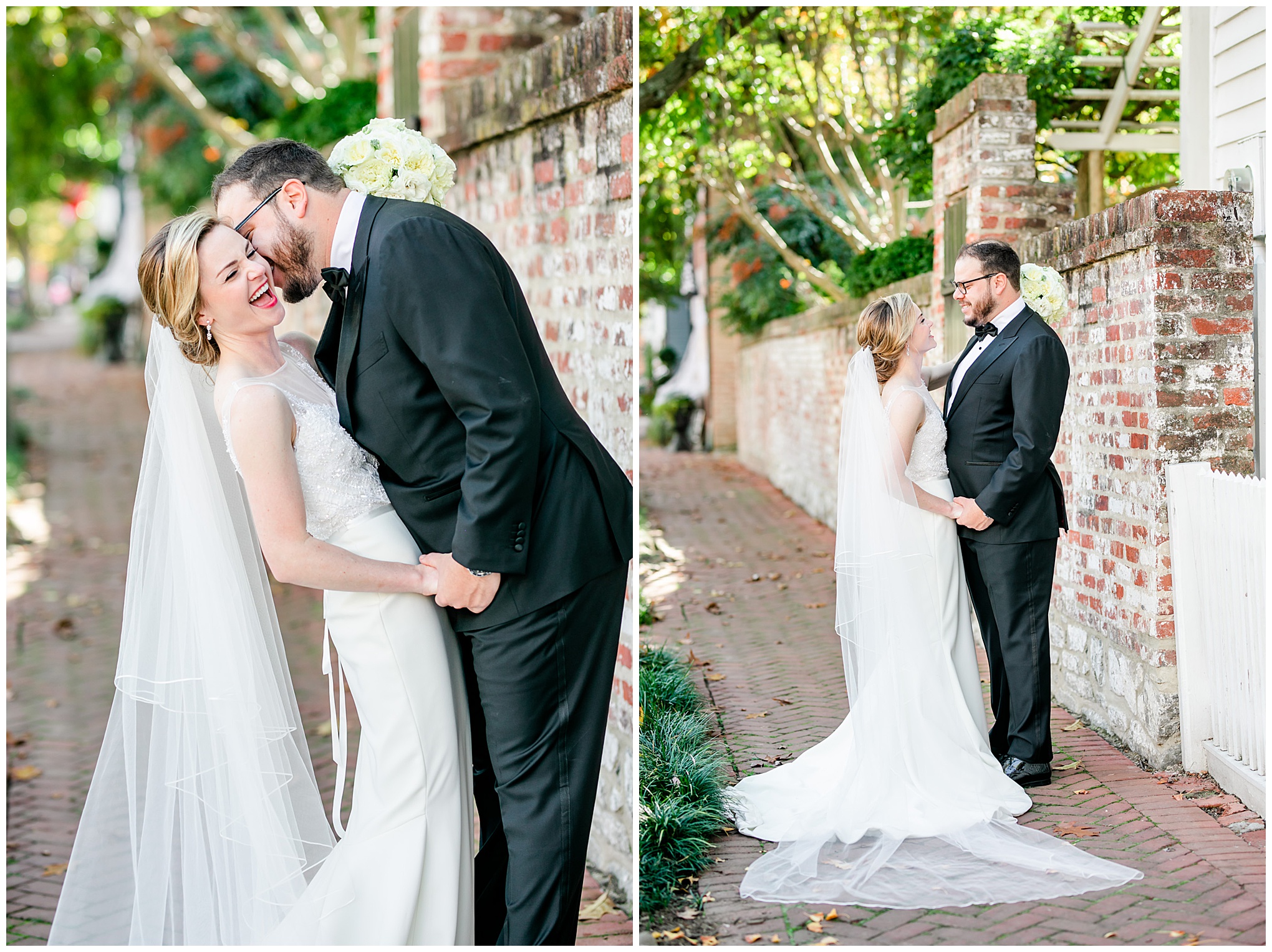 autumn Old Town Alexandria wedding, Old Town photographer, Alexandria wedding photographer, Northern Virginia wedding photographer, DC wedding photographer, Rachel E.H. Photography, autumn wedding, early autumn wedding, warm weather wedding, white aesthetic, classic wedding aesthetic, classic bride and groom, magic hour portraits, historic side streets, happy bride