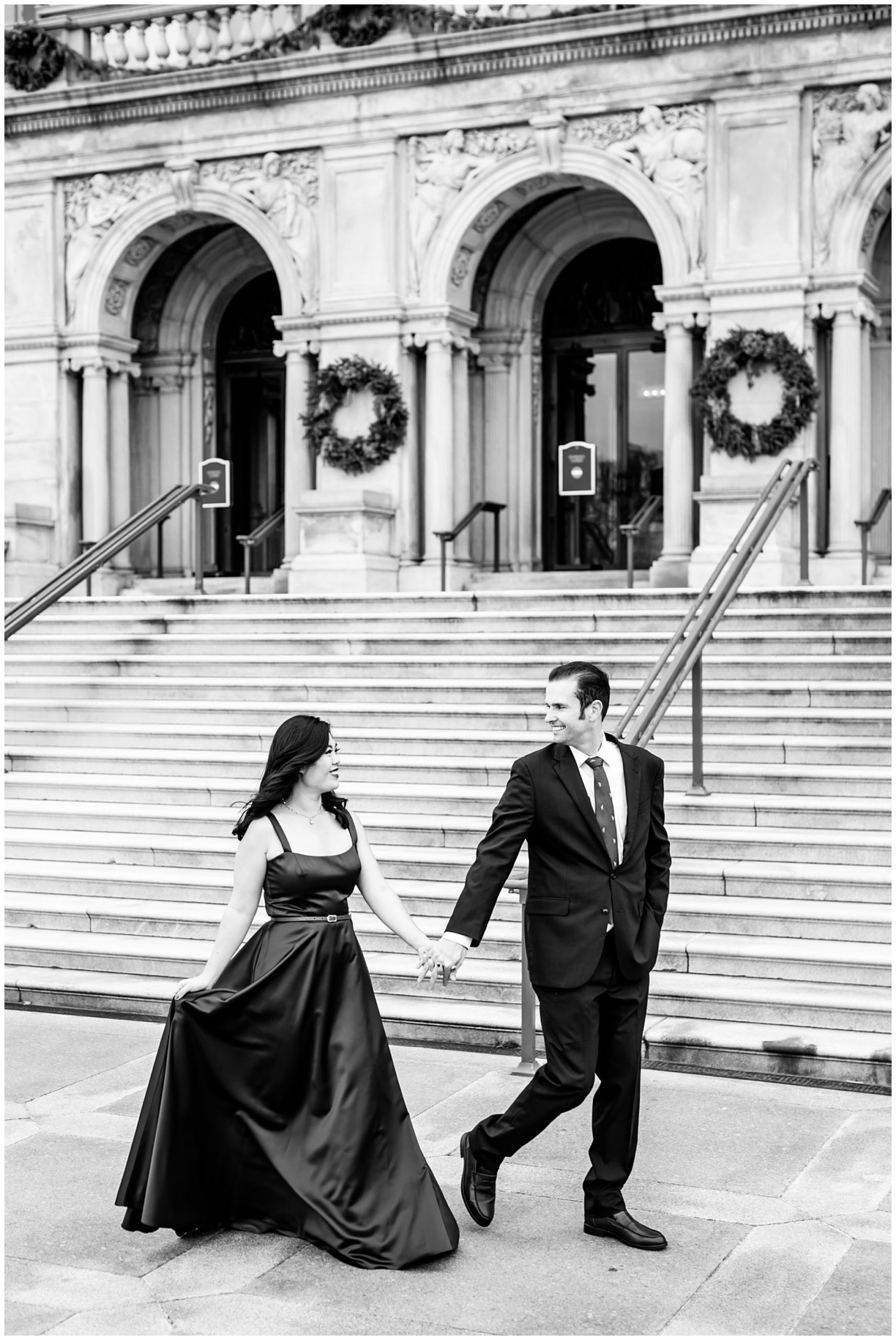 formal Capitol Hill engagement photos, formal engagement photos, Capitol Hill engagement session, Capitol Hill photographer, Washington DC engagement photos, DC wedding photographer, DC engagement photographer, classic engagement photos, fancy engagement photos, formal wear, engagement session outfits, Rachel E.H. Photographer, black and white engagement photos, ballgown, Library of Congress,