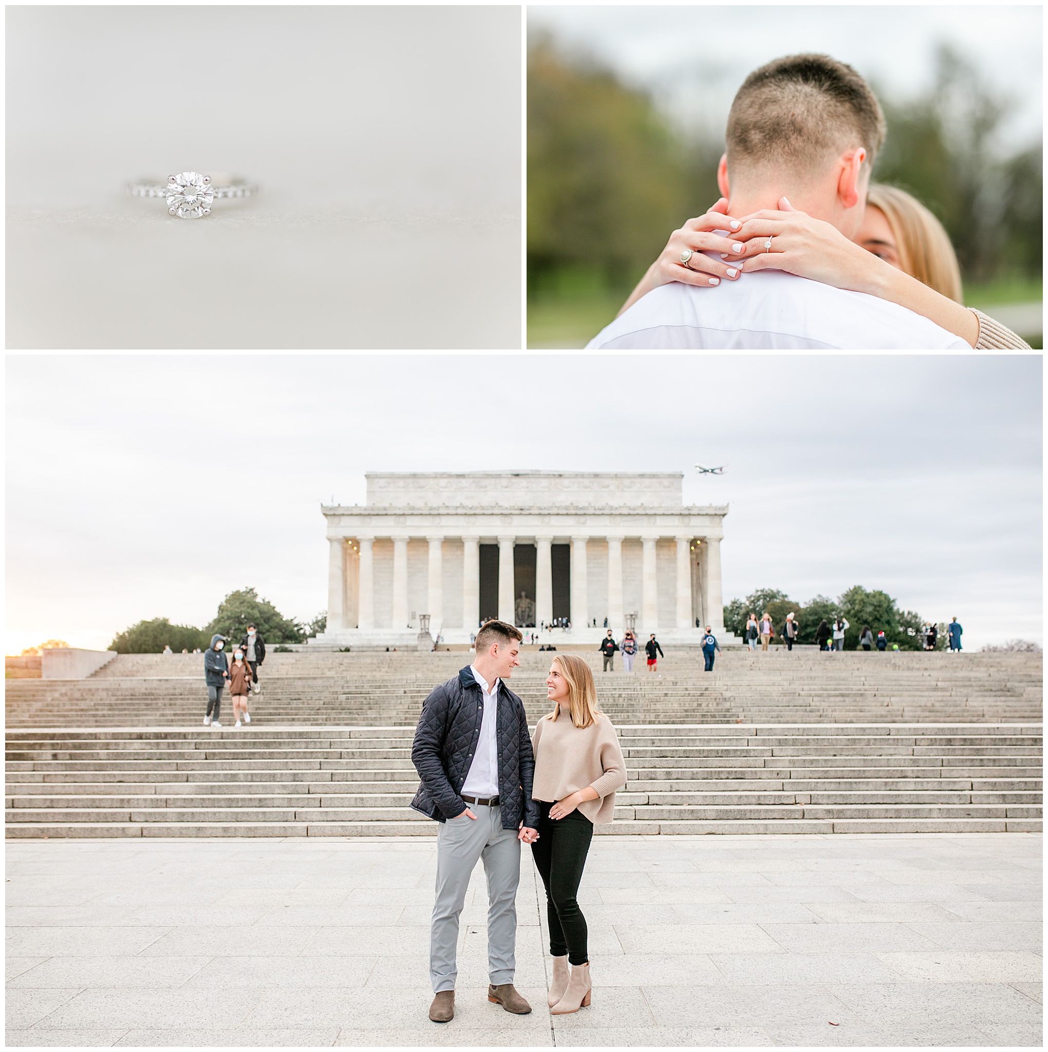 Lincoln Memorial surprise proposal, Lincoln Memorial proposal, National Mall proposal, Washington DC proposal, Washington DC proposal photographer, Washington DC wedding photographer, DC engagement photos, Rachel E.H. Photography, casual proposal photos, proposal portraits, natural light proposal, Lincoln Memorial, National Mall, black and white portrait, round solitaire diamond engagement ring, just engaged
