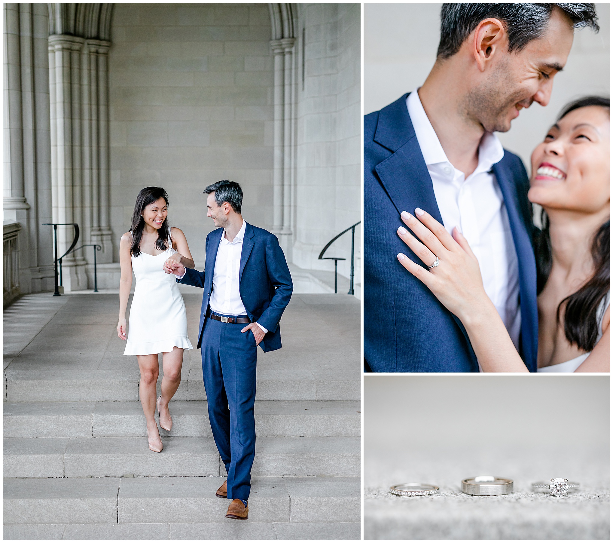 National Cathedral engagement session, National Cathedral engagement photos, DC engagement photos, Washington DC portraits, DC landmarks, summer portraits, elopement photos, DC elopement photographer, DC engagement photographer, classic engagement photos, natural light engagement photos, Rachel E.H. Photography, engaged couple, round solitaire engagement ring, couple walking down stairs