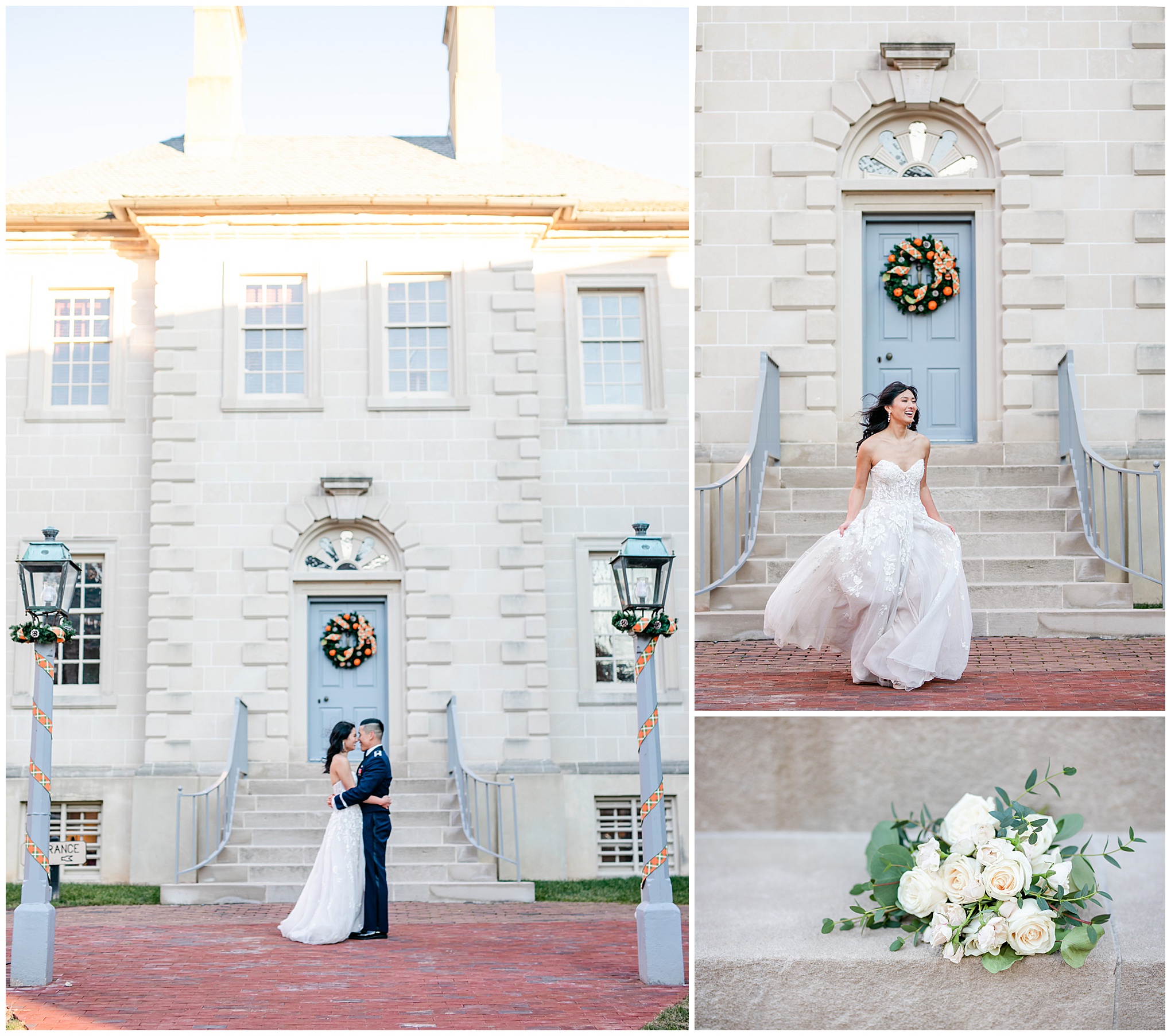 Old Town Alexandria elopement, Alexandria wedding photographer, Alexandria wedding, Old Town elopement, Alexandria courthouse wedding, Rachel E.H. Photography, winter elopement, winter wedding, military wedding, natural light wedding photography, classic wedding photos, simple wedding, newlywed portraits, Carlyle House, white and green bridal bouquet