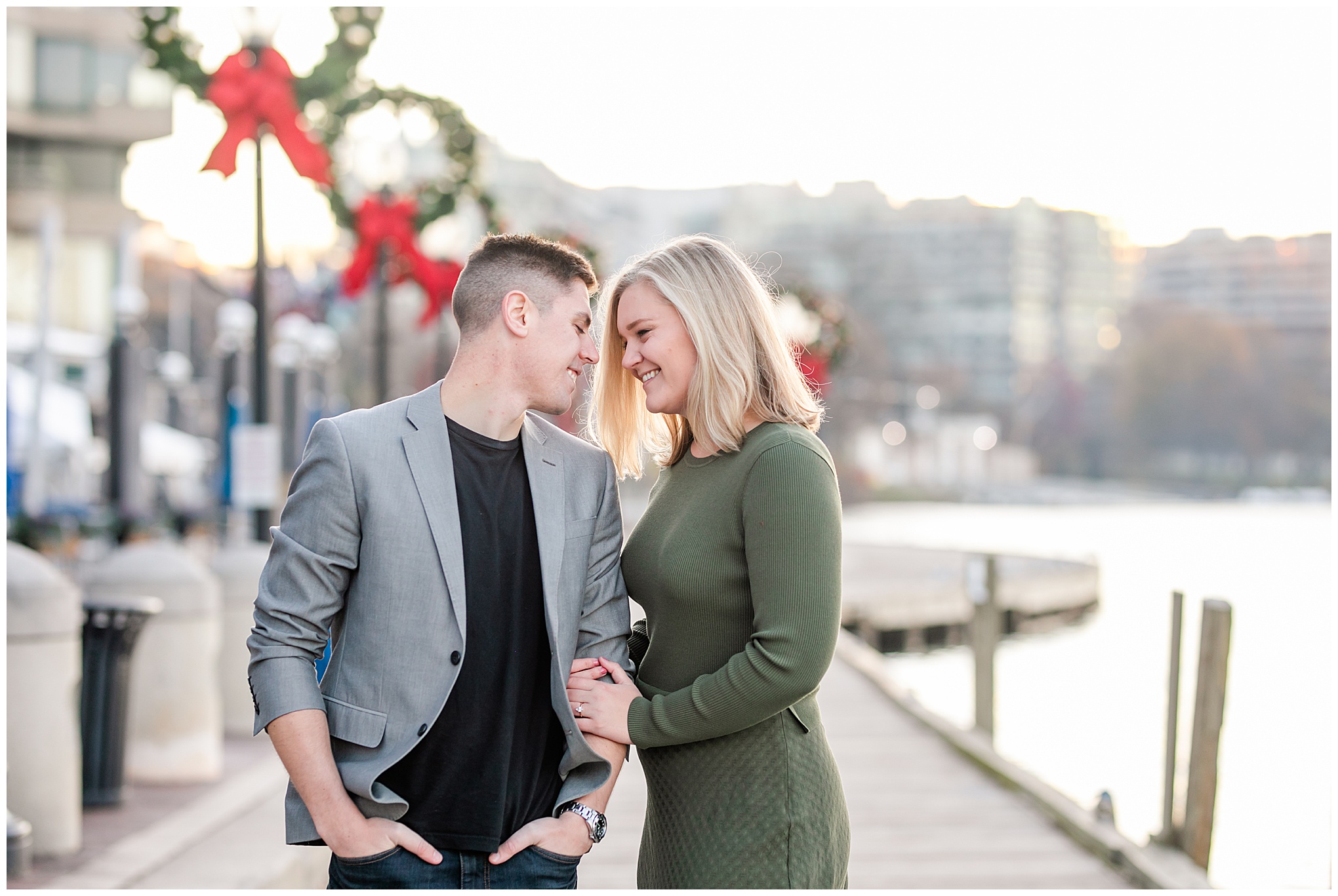 winter Georgetown engagement photos, Georgetown DC, Washington DC engagement photos, DC portraits, DC engagement photographer, DC wedding photographer, DC photographer, winter portraits, Rachel E.H. Photography, morning magic hour, holiday wreaths