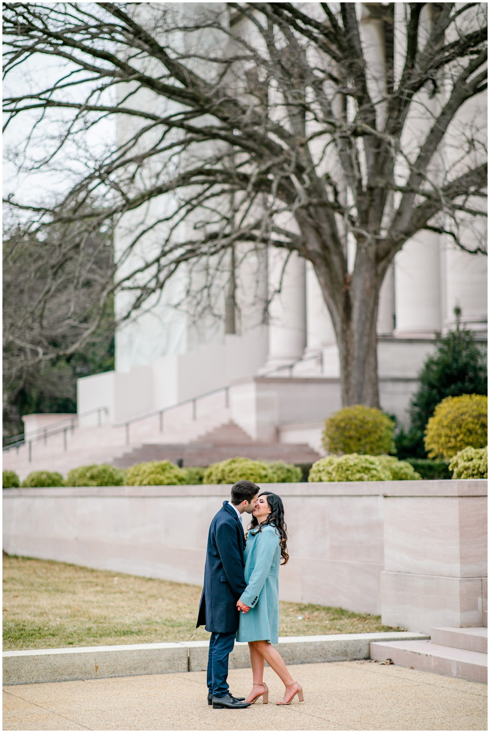 winter National Mall elopement, DC elopement, DC elopement photographer, DC wedding photographer, DC wedding portraits, National mall portraits, National Mall elopement, Rachel E.H. Photography, Capitol Hill, newlywed portraits, couple kissing, National Gallery of Art