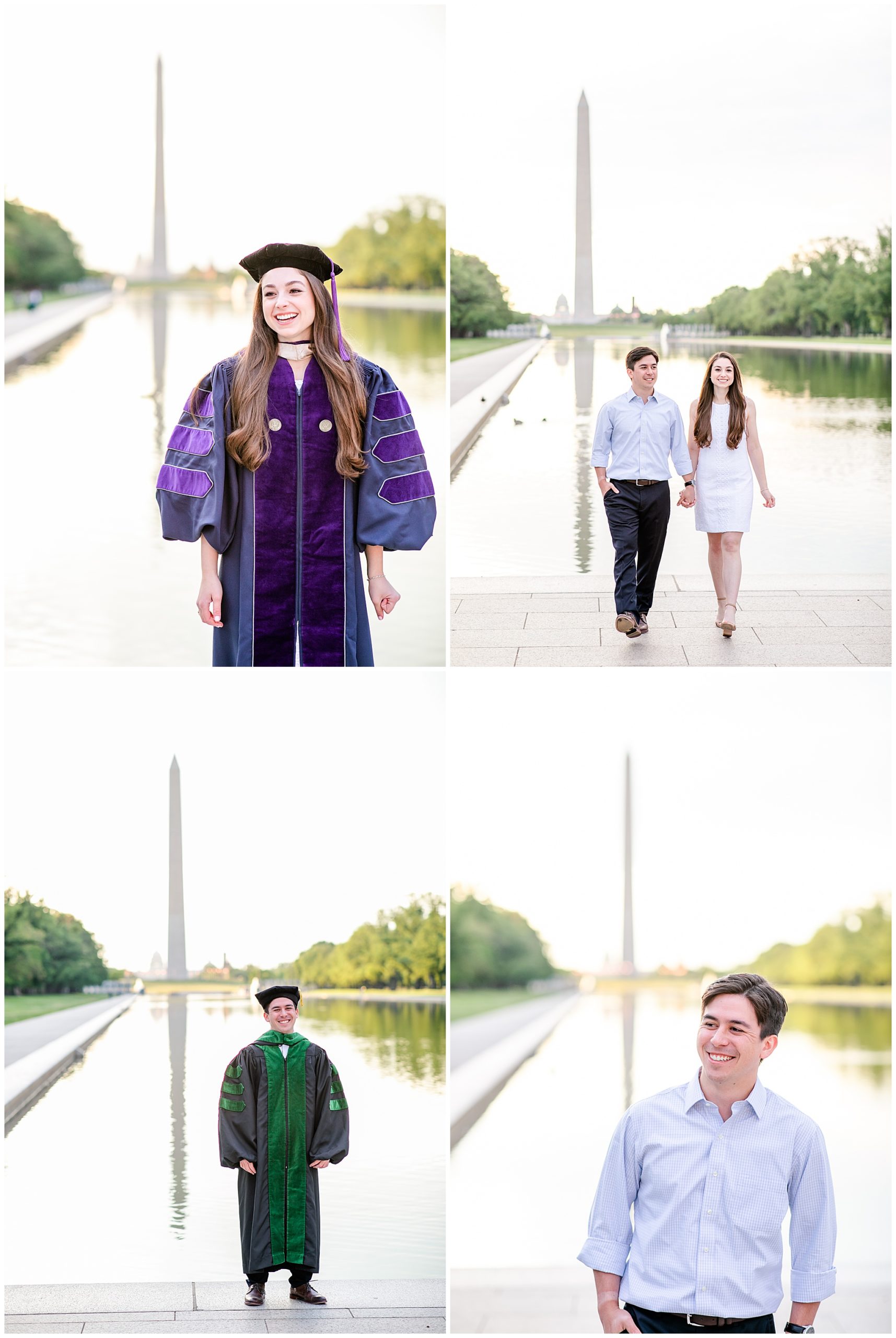 DC couple graduation photos, DC graduation portraits, DC grad photos, DC graduation photographer, spring graduation photos, Georgetown Law graduate, GW Medical School graduate, DC law school graduation photos, DC medical school graduation photos, Rachel E.H. Photography, couple in formal outfits in front of Washington Monument, man in cap and gown in front of Washington Monument, woman in cap and gown in front of Washington Monument