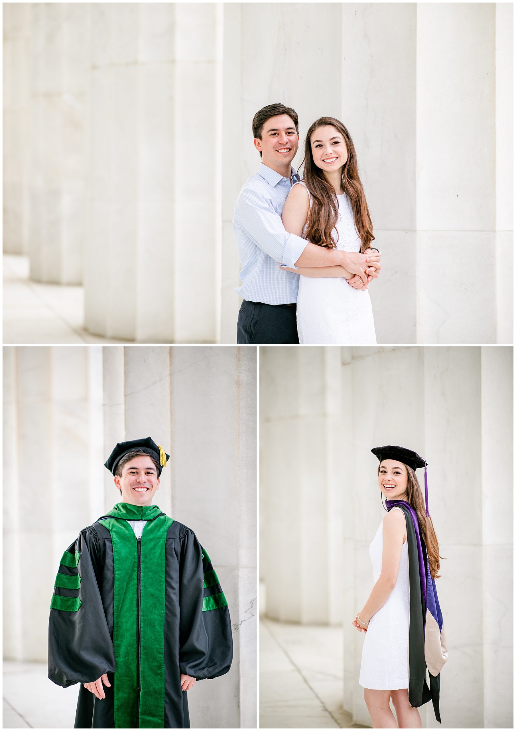 DC couple graduation photos, DC graduation portraits, DC grad photos, DC graduation photographer, spring graduation photos, Georgetown Law graduate, GW Medical School graduate, DC law school graduation photos, DC medical school graduation photos, Rachel E.H. Photography, couple hugging in formal outfits, man in cap and gown, woman in graduation cap in Lincoln Memorial