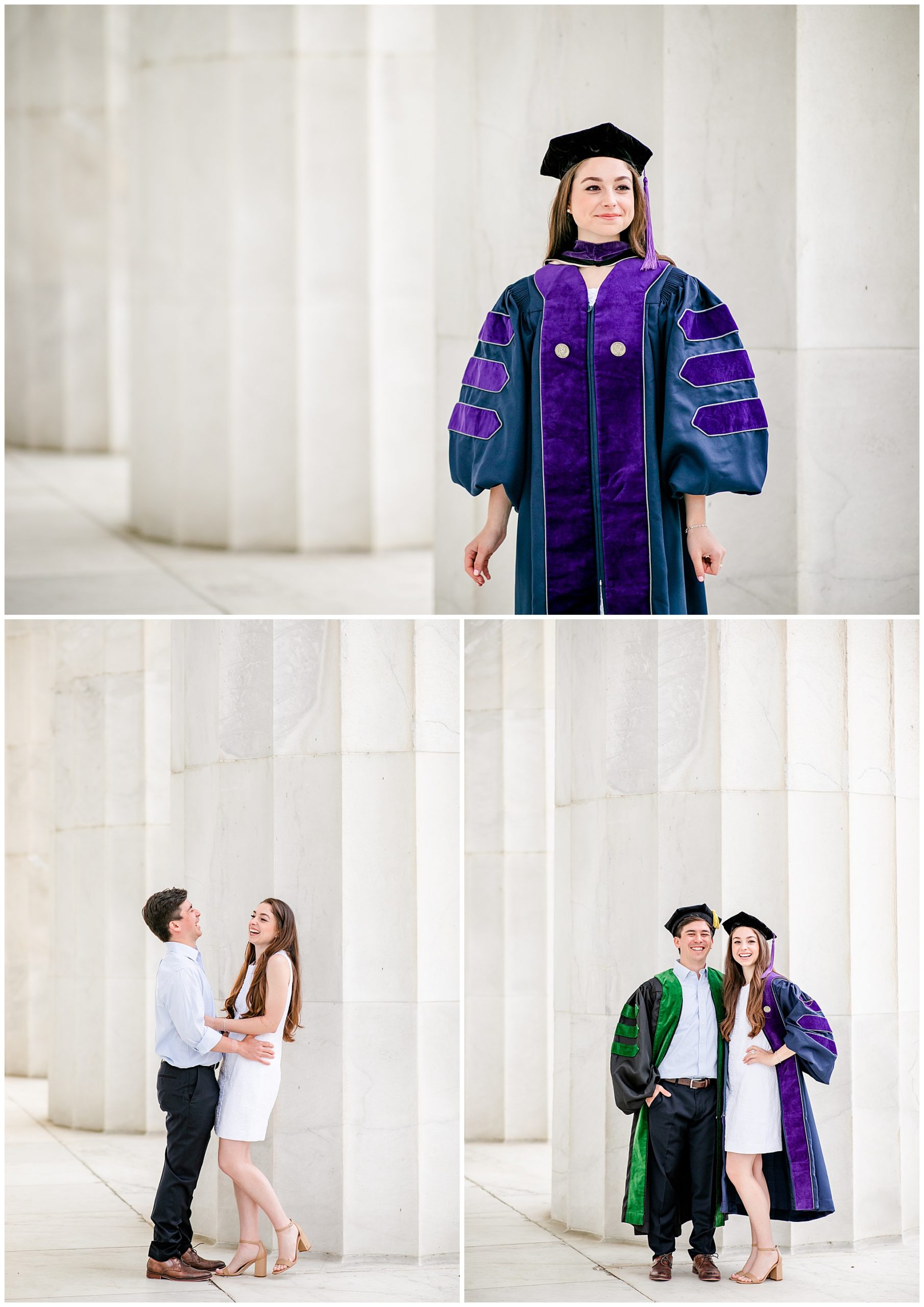 DC couple graduation photos, DC graduation portraits, DC grad photos, DC graduation photographer, spring graduation photos, Georgetown Law graduate, GW Medical School graduate, DC law school graduation photos, DC medical school graduation photos, Rachel E.H. Photography, couple laughing in Lincoln Memorial, couple in caps and gowns, woman in cap and gown