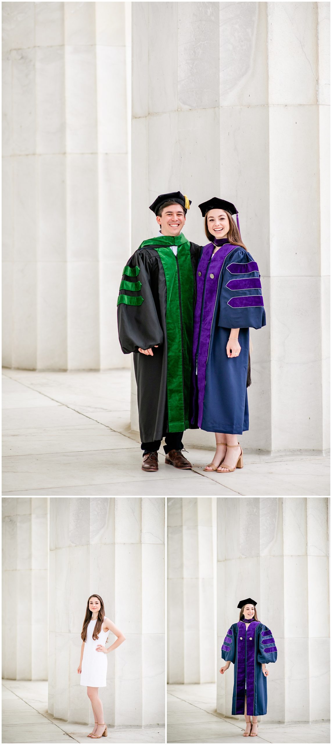 DC couple graduation photos, DC graduation portraits, DC grad photos, DC graduation photographer, spring graduation photos, Georgetown Law graduate, GW Medical School graduate, DC law school graduation photos, DC medical school graduation photos, Rachel E.H. Photography, couple smiling in caps and gowns, woman in cap and gown inside Lincoln Memorial