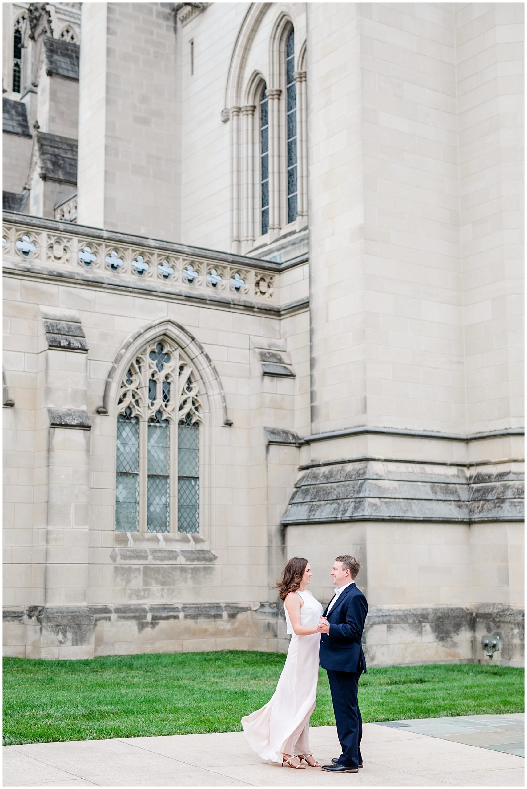 Washington National Cathedral engagement photos, DC engagement photos, National Cathedral portraits, classic DC engagement photos, summer engagement photos, DC engagement photographer, DC wedding photographer, DC wedding photography, Rachel E.H. Photography, couple slow dancing outside cathedral