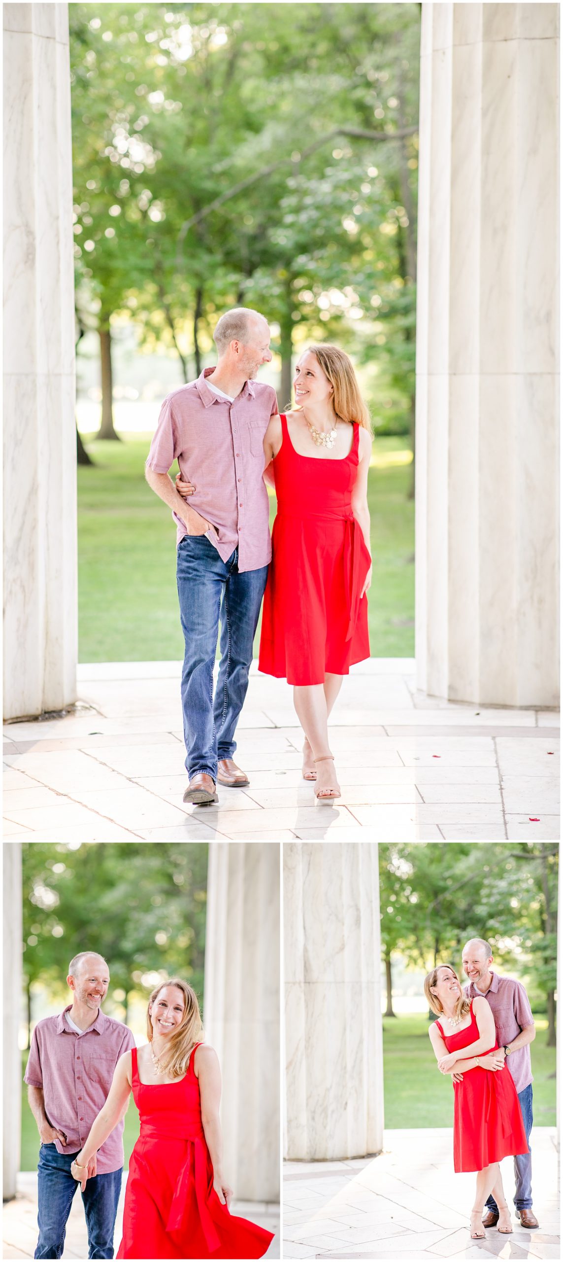 casual Lincoln Memorial engagement photos, casual engagement photos, DC engagement photos, DC engagement photographer, DC wedding photographer, natural light engagement photos, National Mall engagement photos, Rachel E.H. Photography, summer engagement photos, DC couple, red white and blue aesthetic, DC War Memorial, red sun dress