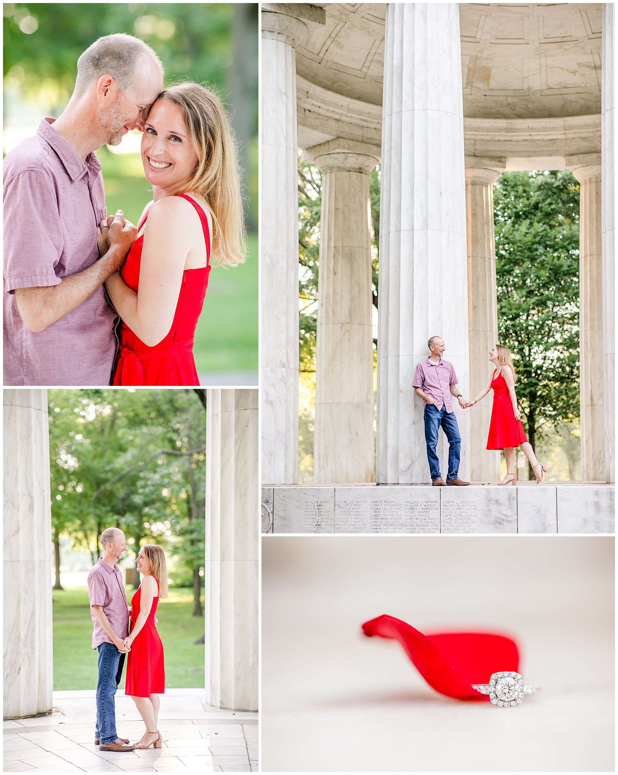 casual Lincoln Memorial engagement photos, casual engagement photos, DC engagement photos, DC engagement photographer, DC wedding photographer, natural light engagement photos, National Mall engagement photos, Rachel E.H. Photography, summer engagement photos, DC couple, red white and blue aesthetic, DC War Memorial, diamond halo engagement ring