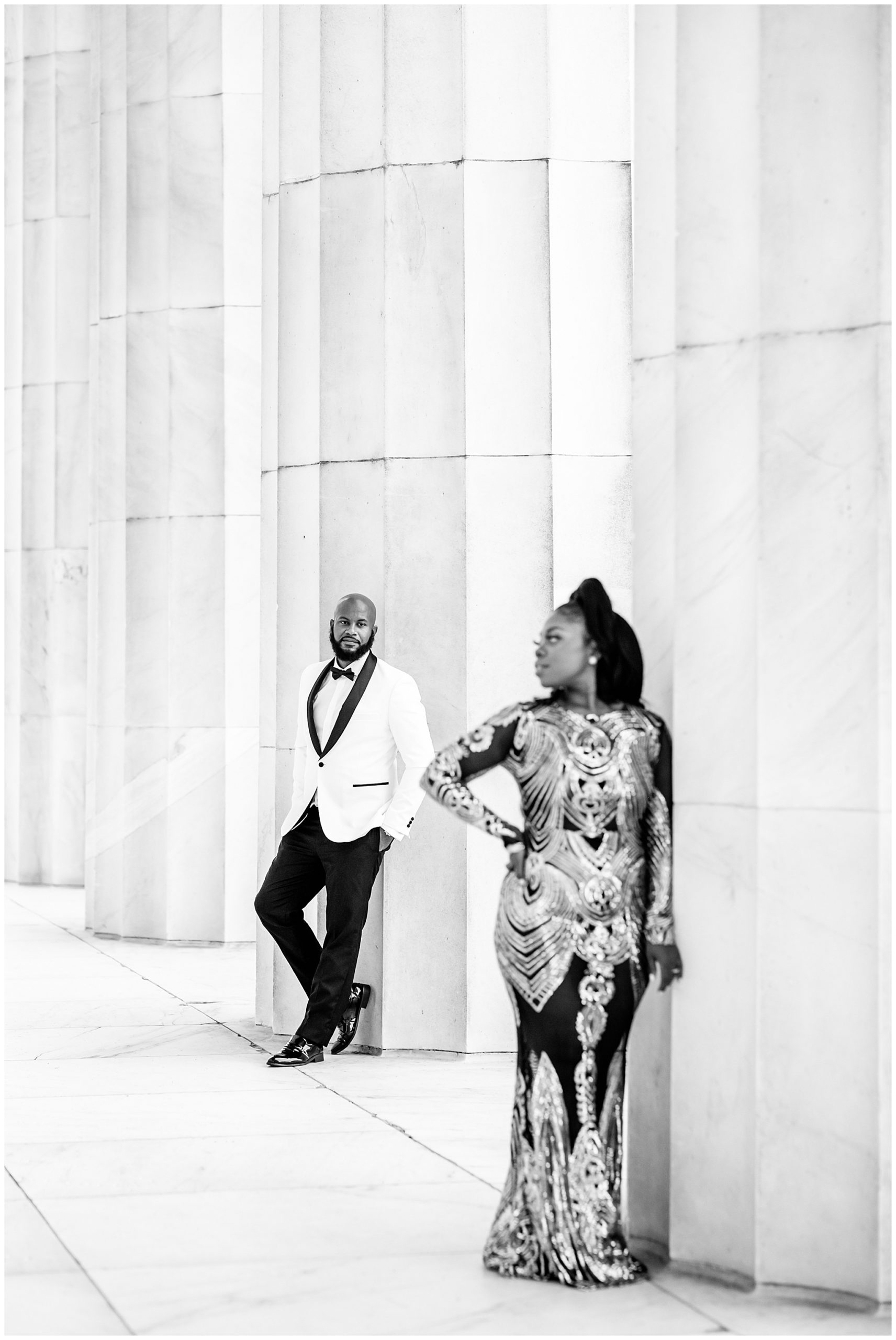 formal DC engagement photos, Washington DC engagement photos, DC engagement photographer, DC portraits, summer engagement portraits, formal engagement photos, formal portraits, Rachel E.H. Photography, engaged couple in Lincoln Memorial, black and white
