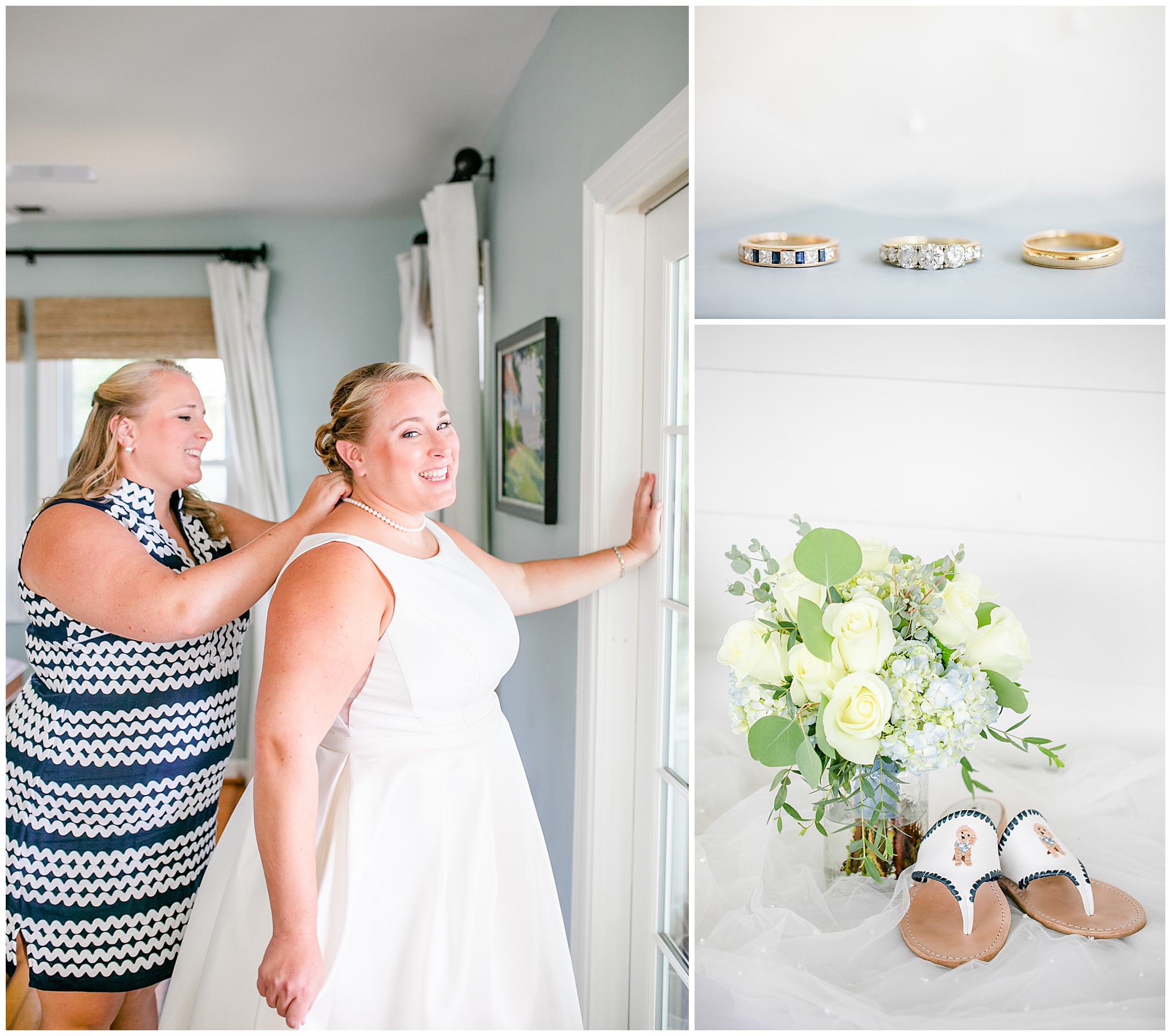 Nantucket inspired Gibson Island Club wedding, nautical wedding inspiration, Annapolitan wedding inspiration, Gibson Island Club wedding photography, Gibson Island Club wedding photographer, Annapolis wedding photographer, Baltimore wedding photographer, Maryland wedding photographer, nautical aesthetic, Annapolis wedding inspiration, Rachel E.H. Photography, bride putting on necklace, bridesmaid putting necklace on bride, white sandals, white embroidered dog sandals, york flowers wedding bouquet, gold wedding rings