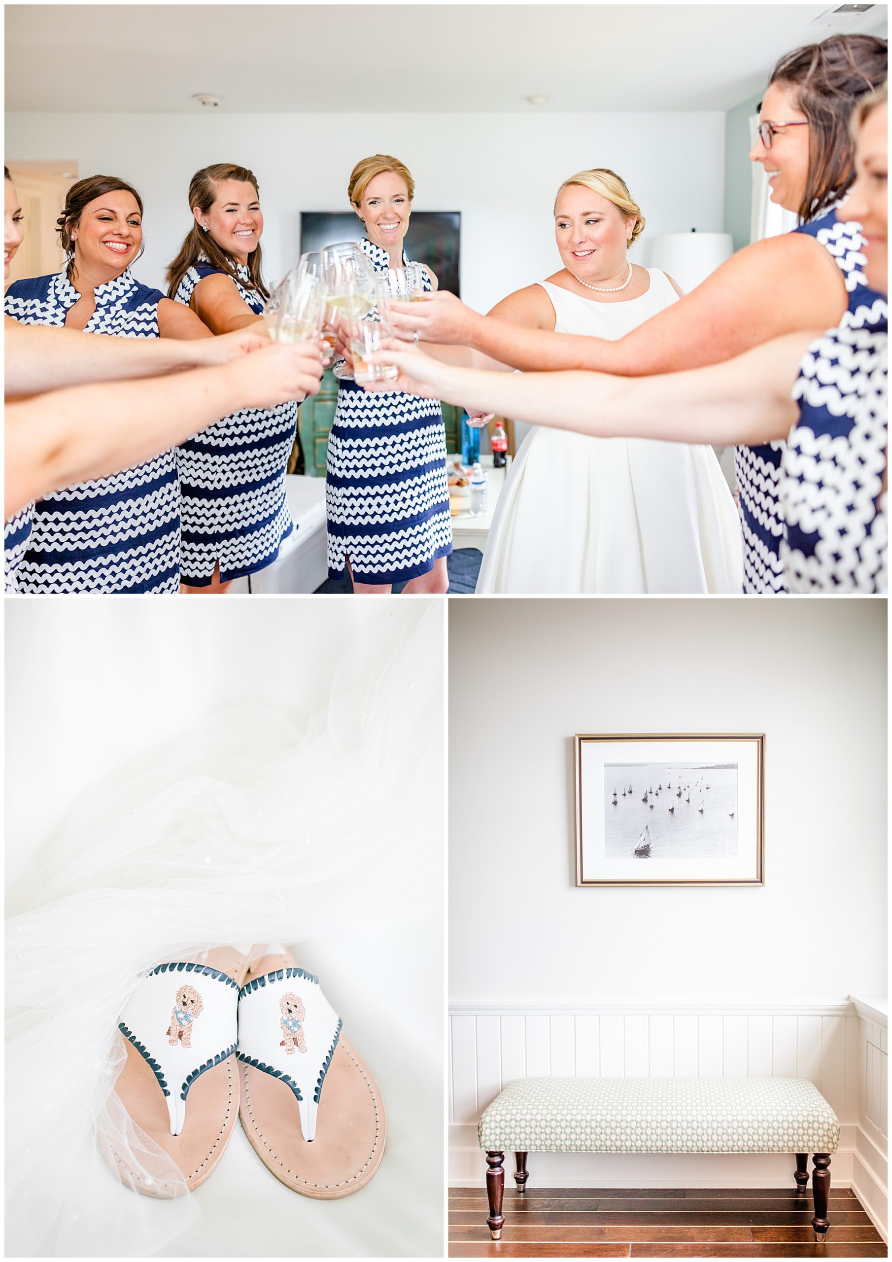 Nantucket inspired Gibson Island Club wedding, nautical wedding inspiration, Annapolitan wedding inspiration, Gibson Island Club wedding photography, Gibson Island Club wedding photographer, Annapolis wedding photographer, Baltimore wedding photographer, Maryland wedding photographer, nautical aesthetic, Annapolis wedding inspiration, Rachel E.H. Photography, bride with bridesmaids, bride clinking glasses with bridesmaids, white sandals, white embroidered dog sandals, sandals with dog