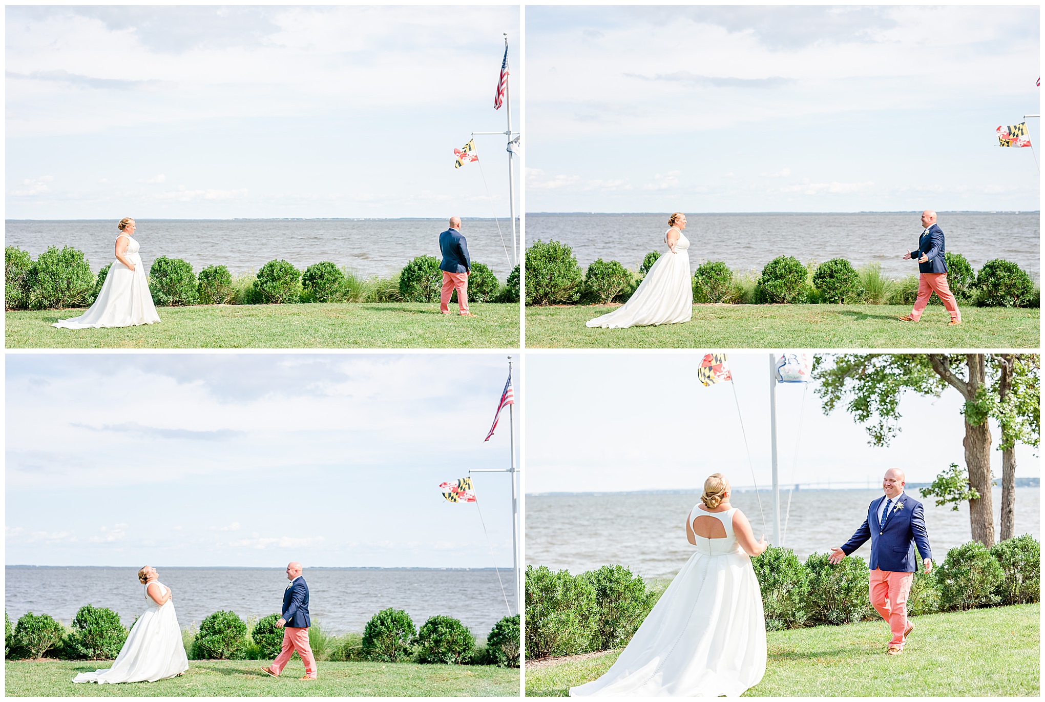 Nantucket inspired Gibson Island Club wedding, nautical wedding inspiration, Annapolitan wedding inspiration, Gibson Island Club wedding photography, Gibson Island Club wedding photographer, Annapolis wedding photographer, Baltimore wedding photographer, Maryland wedding photographer, nautical aesthetic, Annapolis wedding inspiration, Rachel E.H. Photography, bride laughing, groom walking, bride and groom on water front