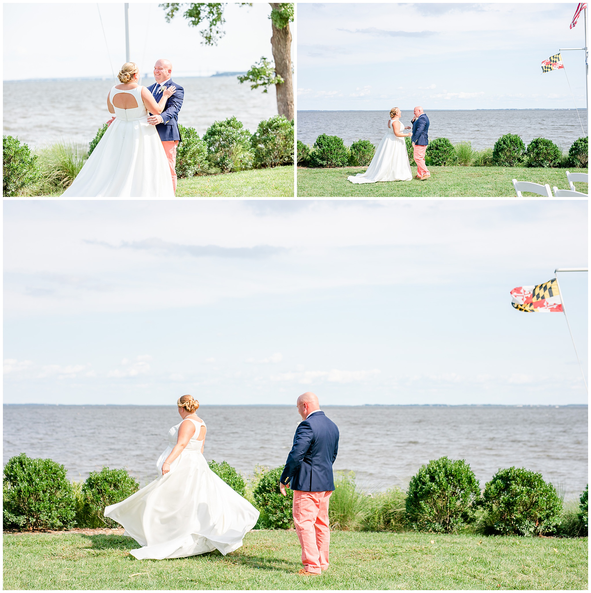 Nantucket inspired Gibson Island Club wedding, nautical wedding inspiration, Annapolitan wedding inspiration, Gibson Island Club wedding photography, Gibson Island Club wedding photographer, Annapolis wedding photographer, Baltimore wedding photographer, Maryland wedding photographer, nautical aesthetic, Annapolis wedding inspiration, Rachel E.H. Photography, bride and groom laughing, bride and groom smiling, bride and groom looking at water, bride spinning in dress