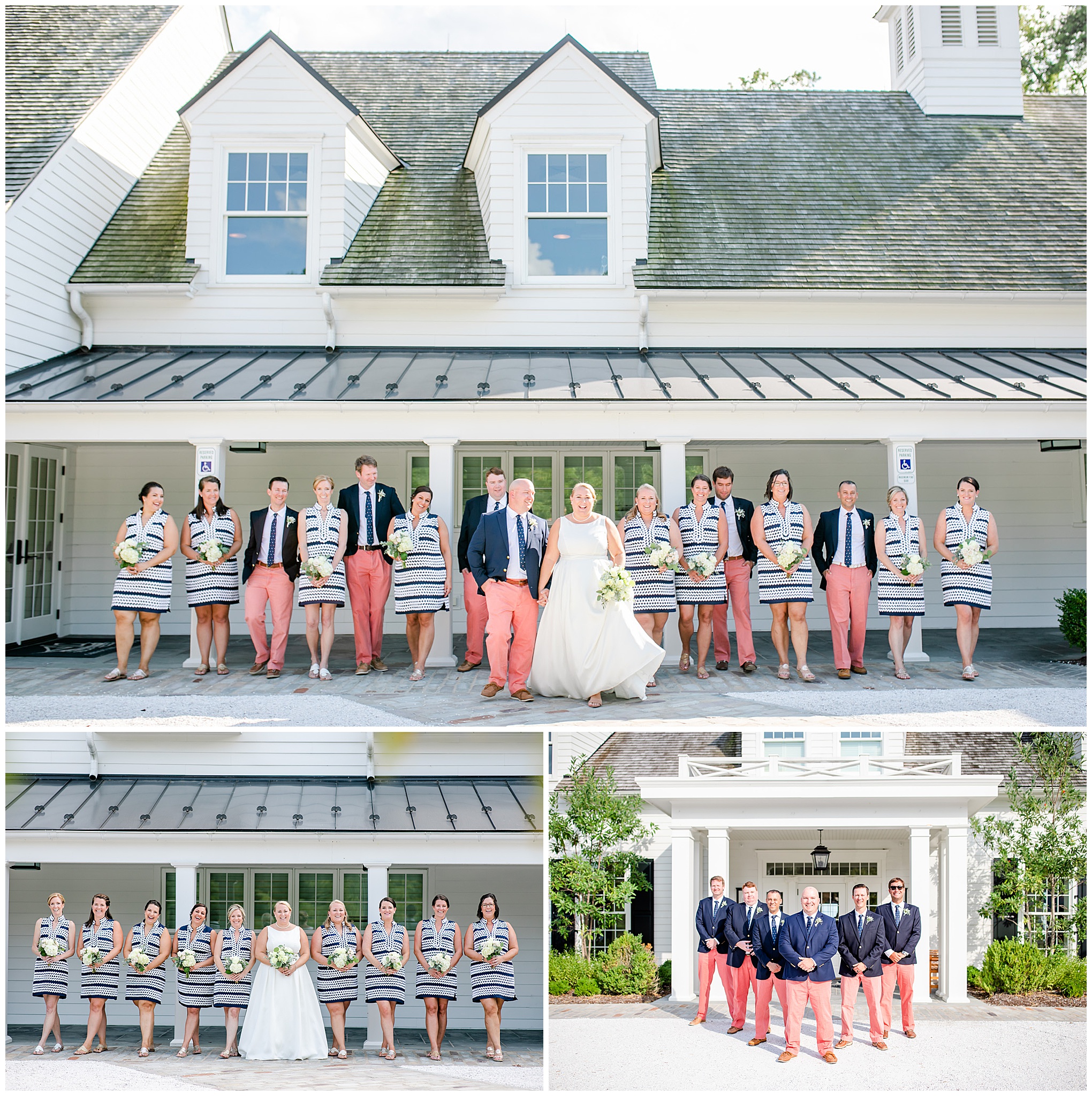 Nantucket inspired Gibson Island Club wedding, nautical wedding inspiration, Annapolitan wedding inspiration, Gibson Island Club wedding photography, Gibson Island Club wedding photographer, Annapolis wedding photographer, Baltimore wedding photographer, Maryland wedding photographer, nautical aesthetic, Annapolis wedding inspiration, Rachel E.H. Photography, groom with groomsmen, bride with bridesmaids, wedding party looking at bride and groom, York flowers wedding bouquet
