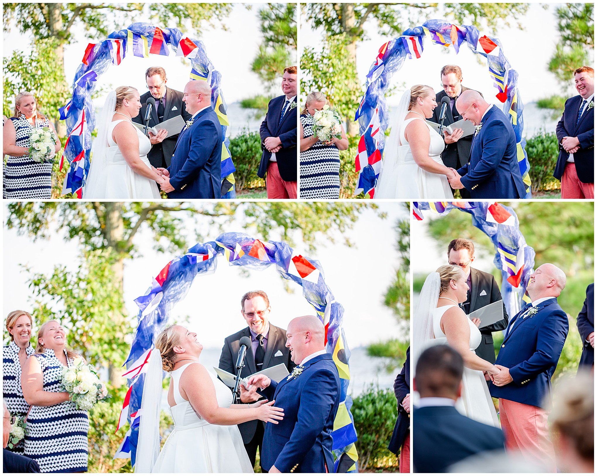 Nantucket inspired Gibson Island Club wedding, nautical wedding inspiration, Annapolitan wedding inspiration, Gibson Island Club wedding photography, Gibson Island Club wedding photographer, Annapolis wedding photographer, Baltimore wedding photographer, Maryland wedding photographer, nautical aesthetic, Annapolis wedding inspiration, Rachel E.H. Photography, bride and groom laughing, bride and groom laughing at alter, bride and groom saying vows