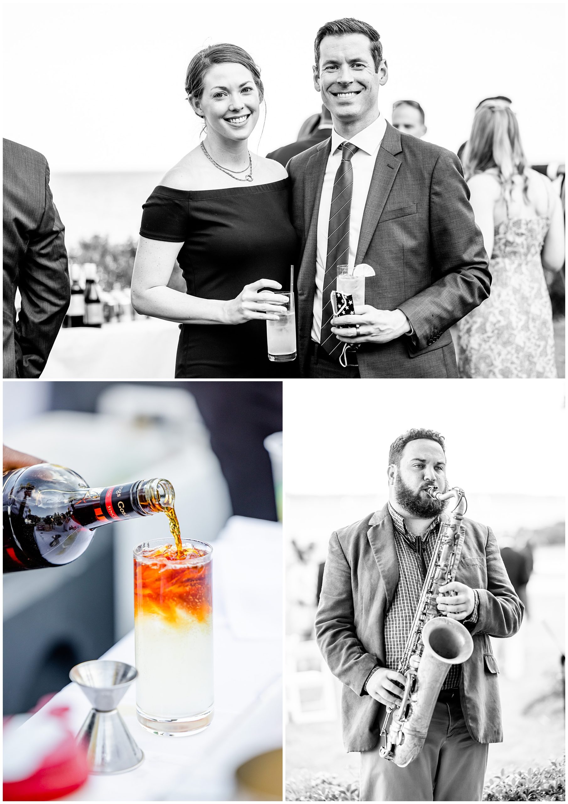 Nantucket inspired Gibson Island Club wedding, nautical wedding inspiration, Annapolitan wedding inspiration, Gibson Island Club wedding photography, Gibson Island Club wedding photographer, Annapolis wedding photographer, Baltimore wedding photographer, Maryland wedding photographer, nautical aesthetic, Annapolis wedding inspiration, Rachel E.H. Photography, Bachelor Boys, saxophone player, drink being poured, black and white, wedding guests