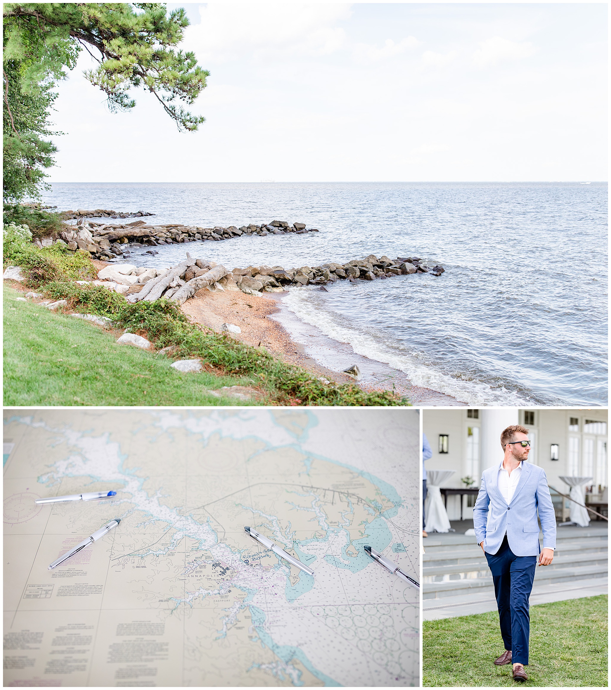 Nantucket inspired Gibson Island Club wedding, nautical wedding inspiration, Annapolitan wedding inspiration, Gibson Island Club wedding photography, Gibson Island Club wedding photographer, Annapolis wedding photographer, Baltimore wedding photographer, Maryland wedding photographer, nautical aesthetic, Annapolis wedding inspiration, Rachel E.H. Photography, shore scenery, wedding guest with sunglasses, map of boats